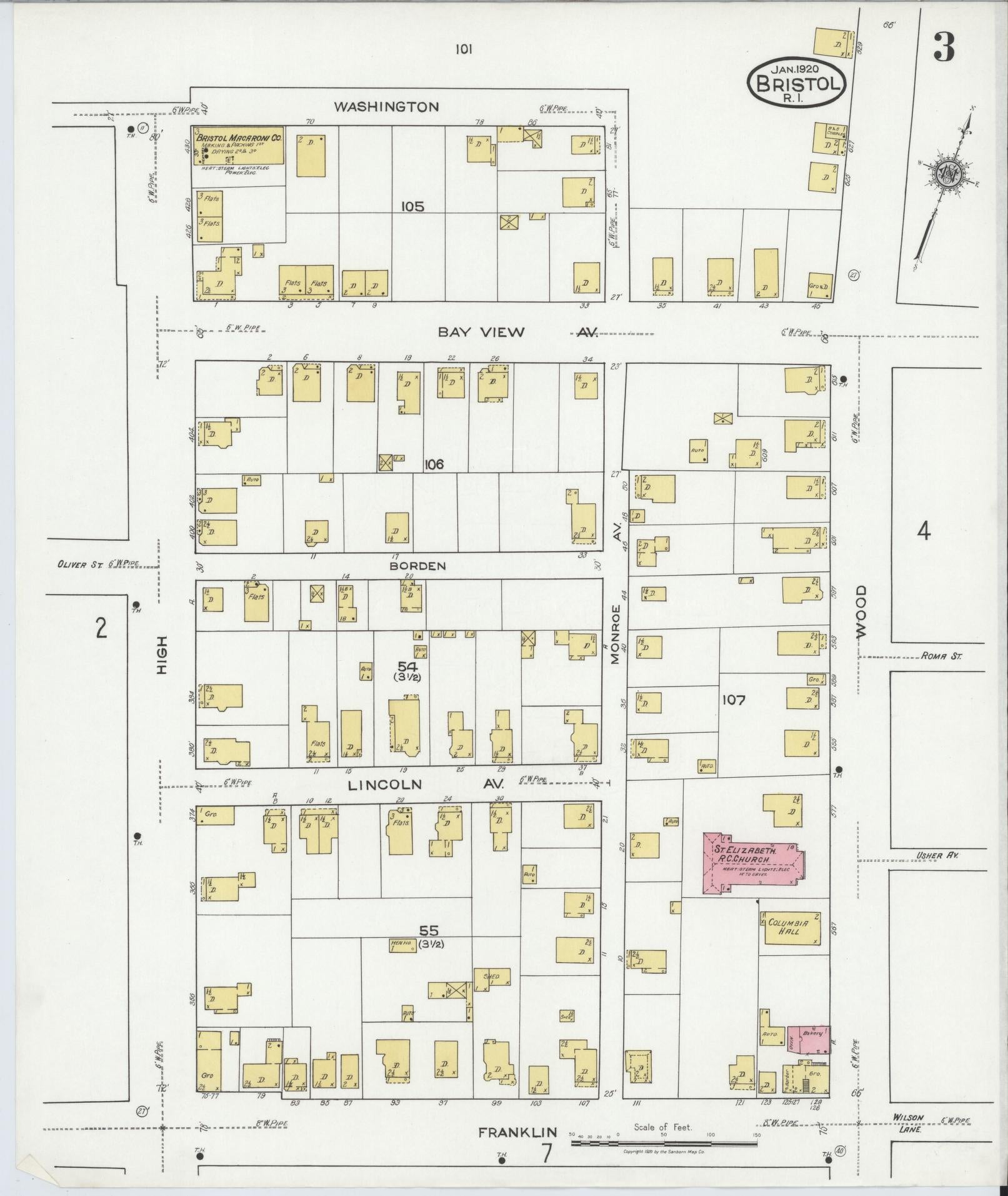 Sanborn Fire Insurance Map from Bristol, Bristol County, Rhode Island (1920), Sheet #0003 - Historic Sanborn Fire Insurance Map Print, vintage old map wall art, antique decor, genealogy gift, Rhode Island Rhode Island map