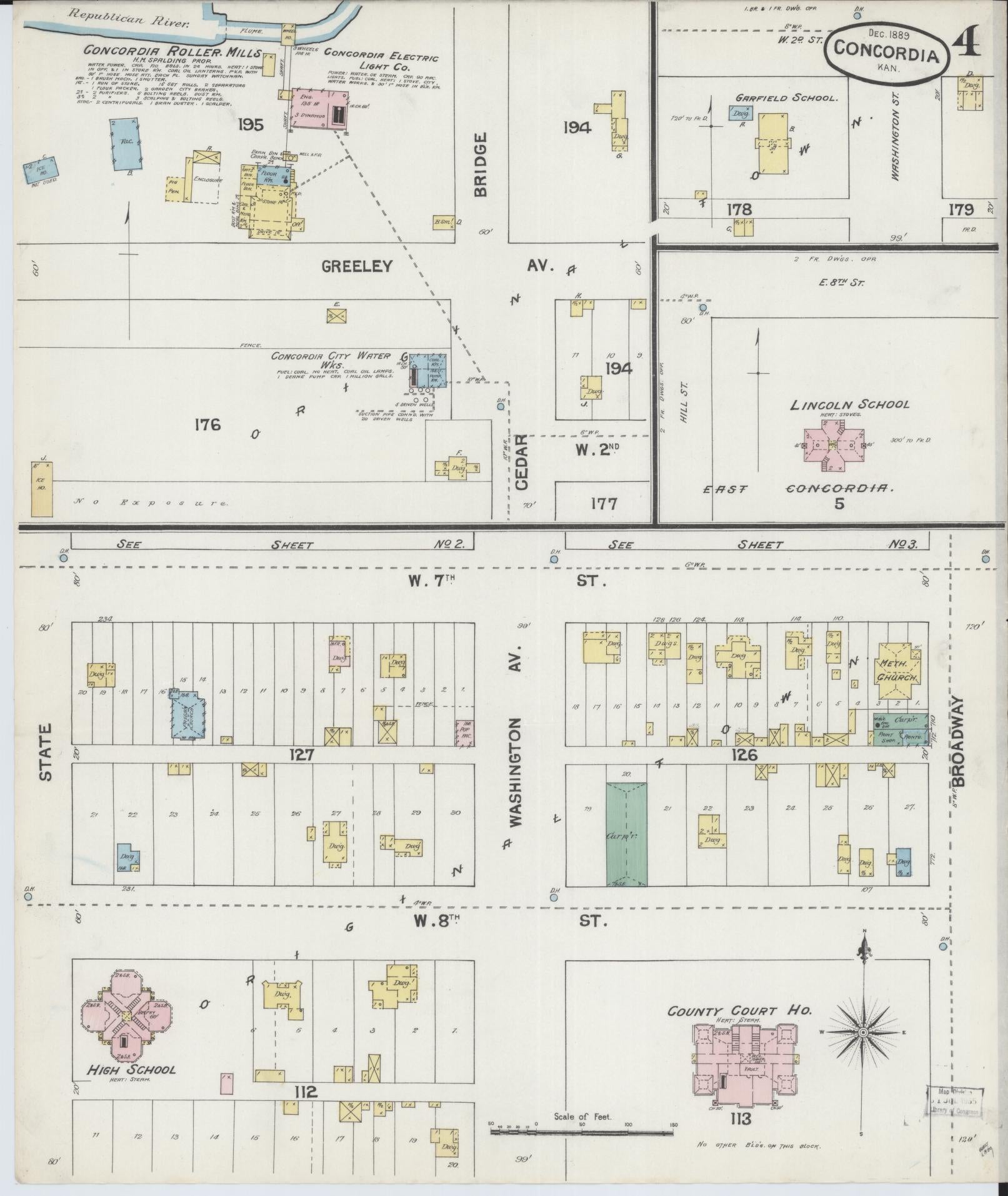 Sanborn Fire Insurance Map from Concordia, Cloud County, Kansas (1889), Sheet #0004 - Historic Sanborn Fire Insurance Map Print, vintage old map wall art, antique decor, genealogy gift, Kansas Kansas map