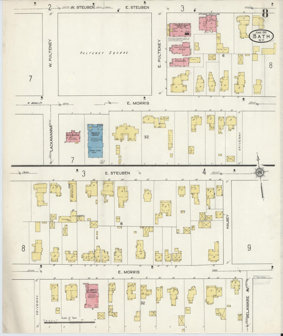 Sanborn Fire Insurance Map from Bath, Steuben County, New York (1915), Sheet #0008 - Historic Sanborn Fire Insurance Map Print, vintage old map wall art, antique decor, genealogy gift, New York New York map