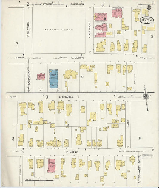 Sanborn Fire Insurance Map from Bath, Steuben County, New York (1915), Sheet #0008 - Historic Sanborn Fire Insurance Map Print, vintage old map wall art, antique decor, genealogy gift, New York New York map