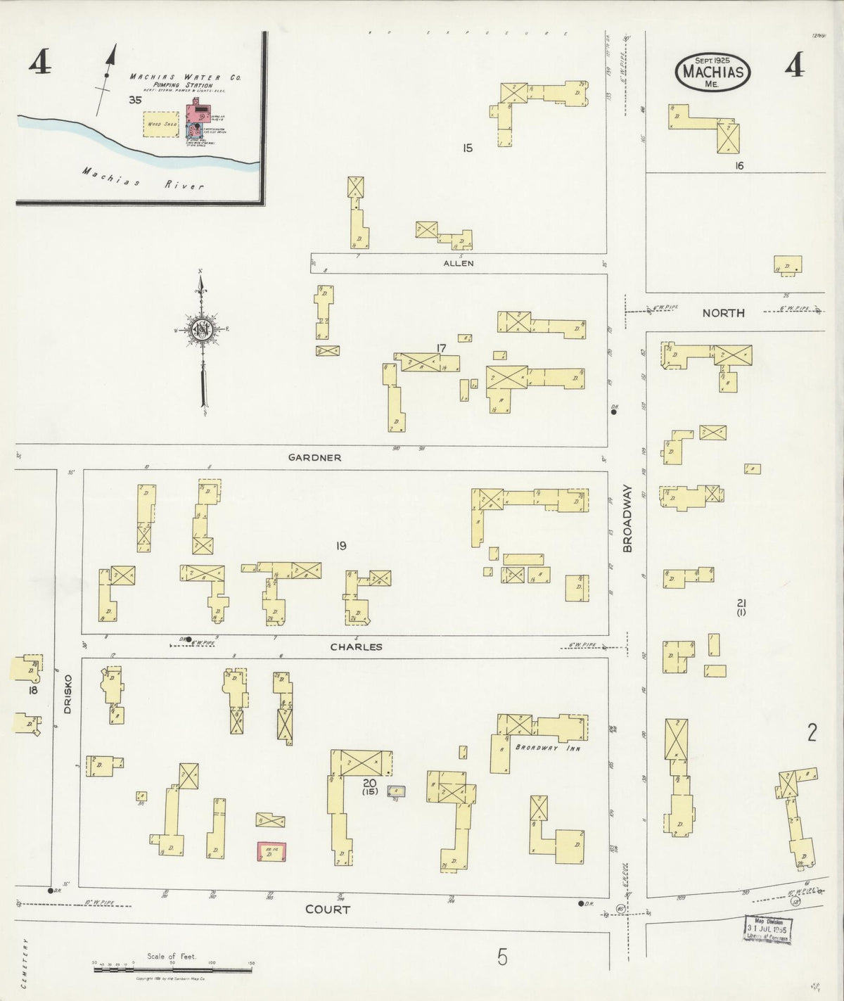 Sanborn Fire Insurance Map from Machias, Washington County, Maine (1925), Sheet #0004 - Historic Sanborn Fire Insurance Map Print, vintage old map wall art, antique decor, genealogy gift, Maine Maine map