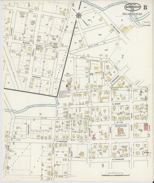 Sanborn Fire Insurance Map from Brownwood, Brown County, Texas (1915), Sheet #0008 - Historic Sanborn Fire Insurance Map Print, vintage old map wall art, antique decor, genealogy gift, Texas Texas map
