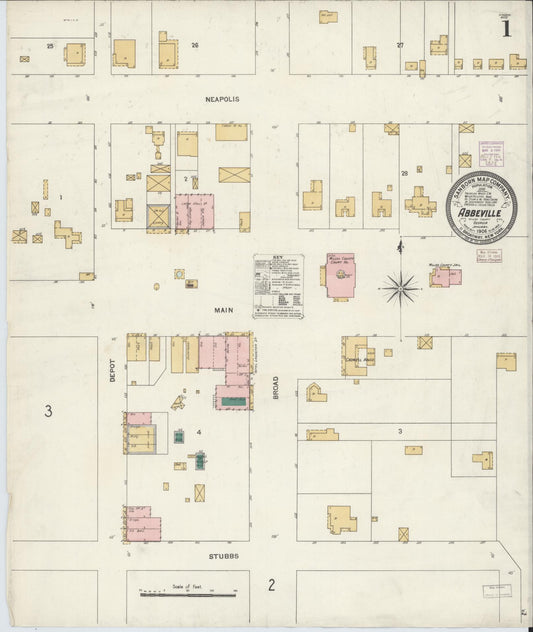Sanborn Fire Insurance Map from Abbeville, Wilcox County, Georgia (1906), Sheet #0001 - Historic Sanborn Fire Insurance Map Print, vintage old map wall art, antique decor, genealogy gift, Georgia Georgia map