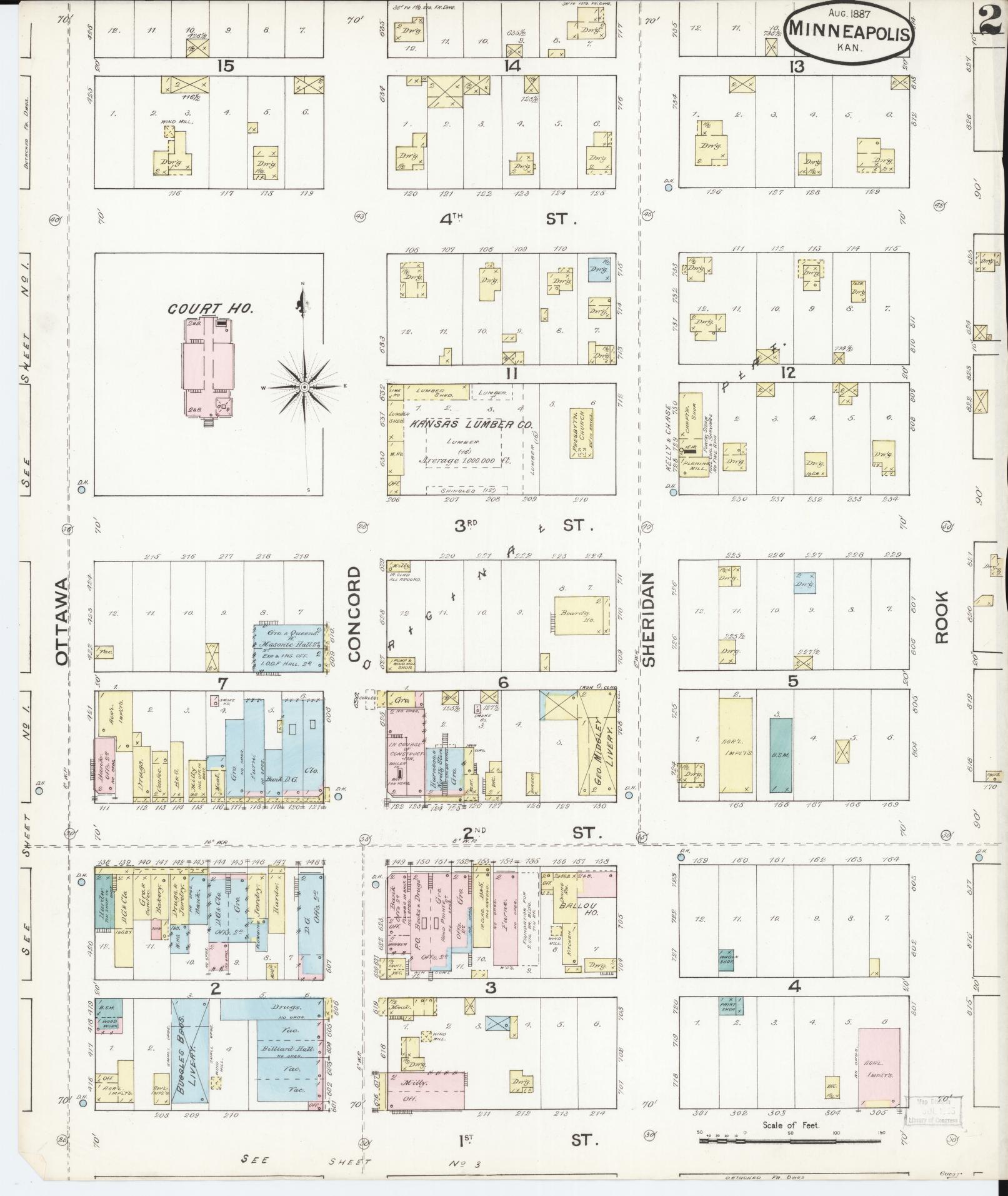 Sanborn Fire Insurance Map from Minneapolis, Ottawa  County, Kansas (1887), Sheet #0002 - Historic Sanborn Fire Insurance Map Print, vintage old map wall art, antique decor, genealogy gift, Kansas Kansas map