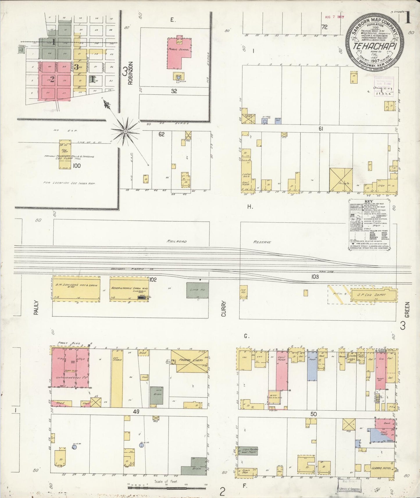 Sanborn Fire Insurance Map from Tehachapi, Kern County, California (1907), Sheet #0001 - Complete Map Set gallery image, historic Sanborn map, vintage wall art, California California