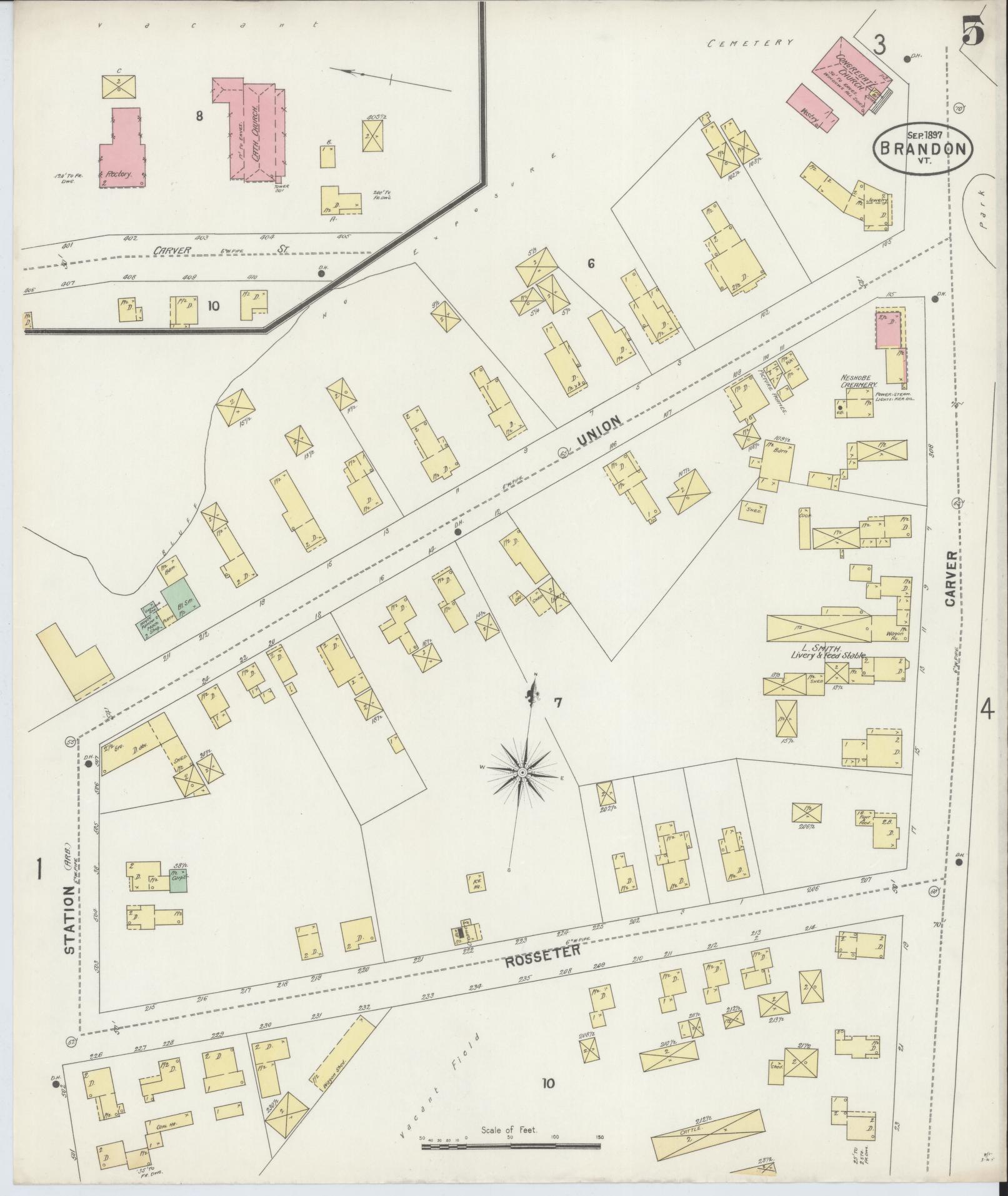 Sanborn Fire Insurance Map from Brandon, Rutland County, Vermont (1897), Sheet #0005 - Historic Sanborn Fire Insurance Map Print, vintage old map wall art, antique decor, genealogy gift, Vermont Vermont map