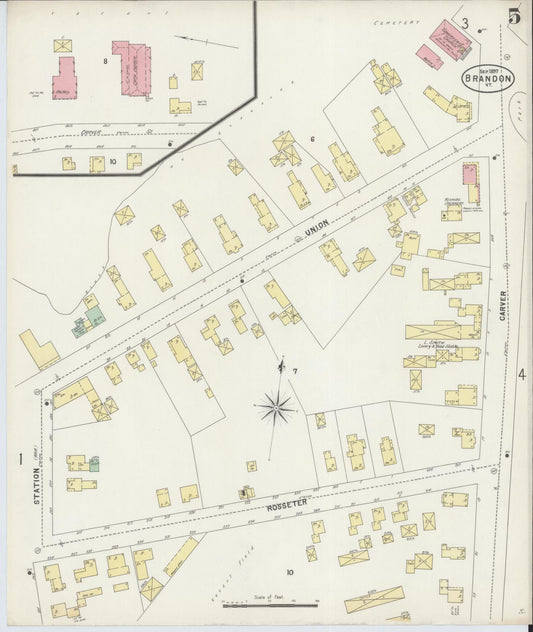 Sanborn Fire Insurance Map from Brandon, Rutland County, Vermont (1897), Sheet #0005 - Historic Sanborn Fire Insurance Map Print, vintage old map wall art, antique decor, genealogy gift, Vermont Vermont map