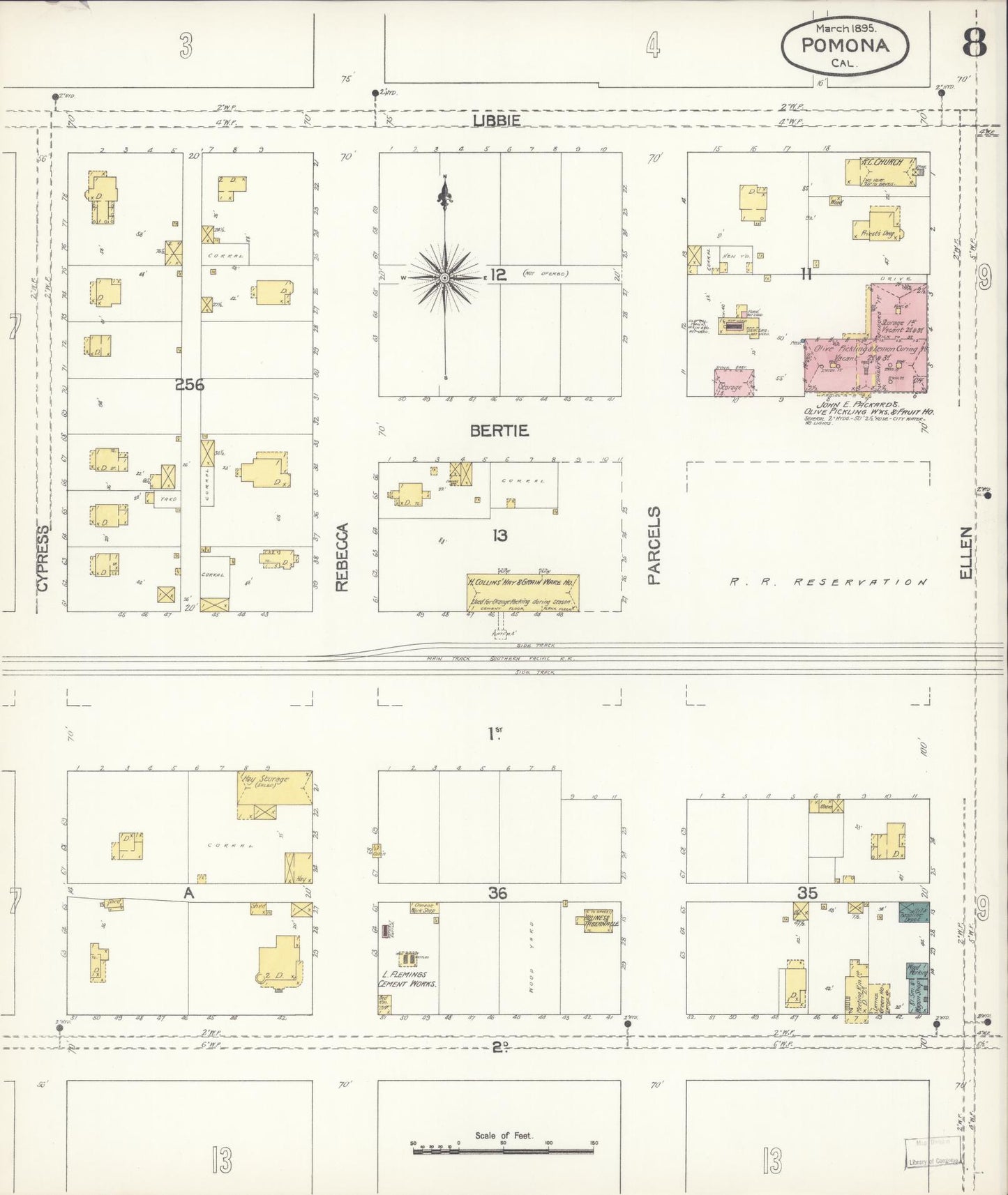 Sanborn Fire Insurance Map from Pomona, Los Angeles County, California (1895), Sheet #0008 - Complete Map Set gallery image, historic Sanborn map, vintage wall art, California California