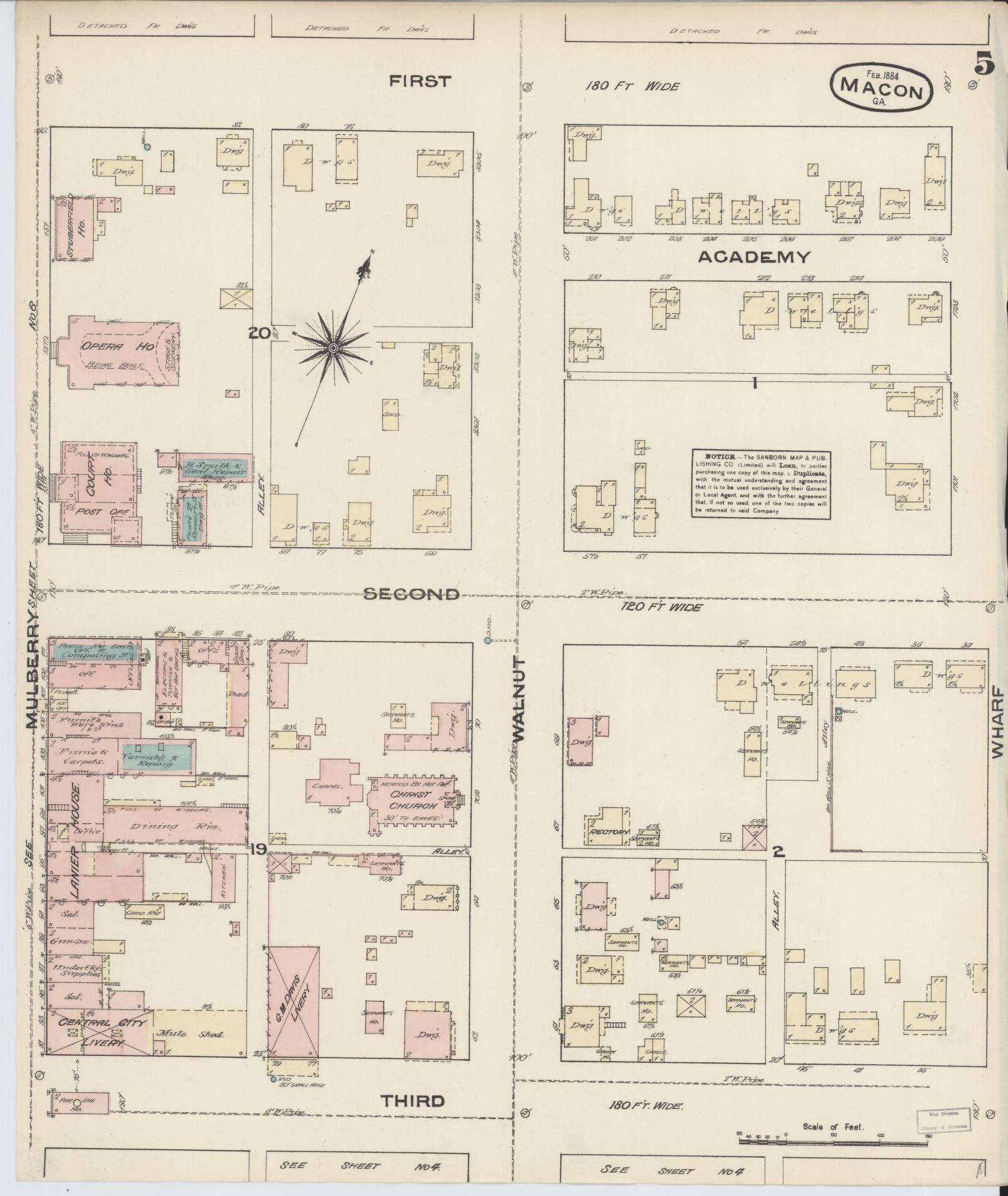 Sanborn Fire Insurance Map from Macon, Bibb and Jones County, Georgia (1884), Sheet #0005 - Historic Sanborn Fire Insurance Map Print, vintage old map wall art, antique decor, genealogy gift, Georgia Georgia map