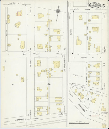 Sanborn Fire Insurance Map from Clarksdale, Coahoma County, Mississippi (1914), Sheet #0005 - Complete Map Set gallery image, historic Sanborn map, vintage wall art, Mississippi Mississippi