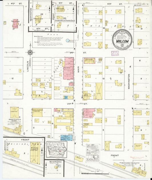 Sanborn Fire Insurance Map from Malcom, Poweshiek County, Iowa (1916), Sheet #0001 - Historic Sanborn Fire Insurance Map Print, vintage old map wall art