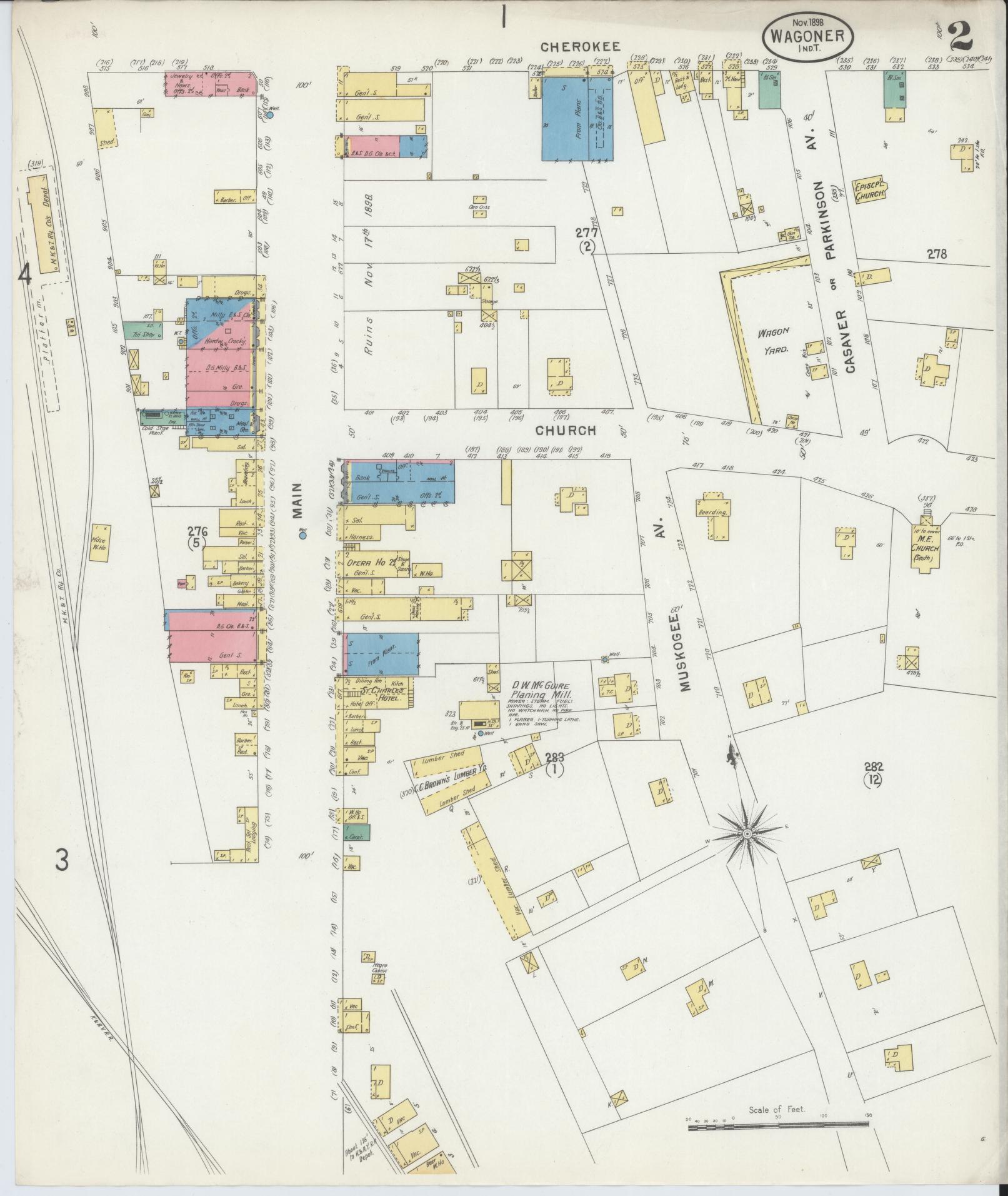 Sanborn Fire Insurance Map from Wagoner, Wagoner County, Oklahoma (1898), Sheet #0002 - Complete Map Set gallery image, historic Sanborn map, vintage wall art, Oklahoma Oklahoma