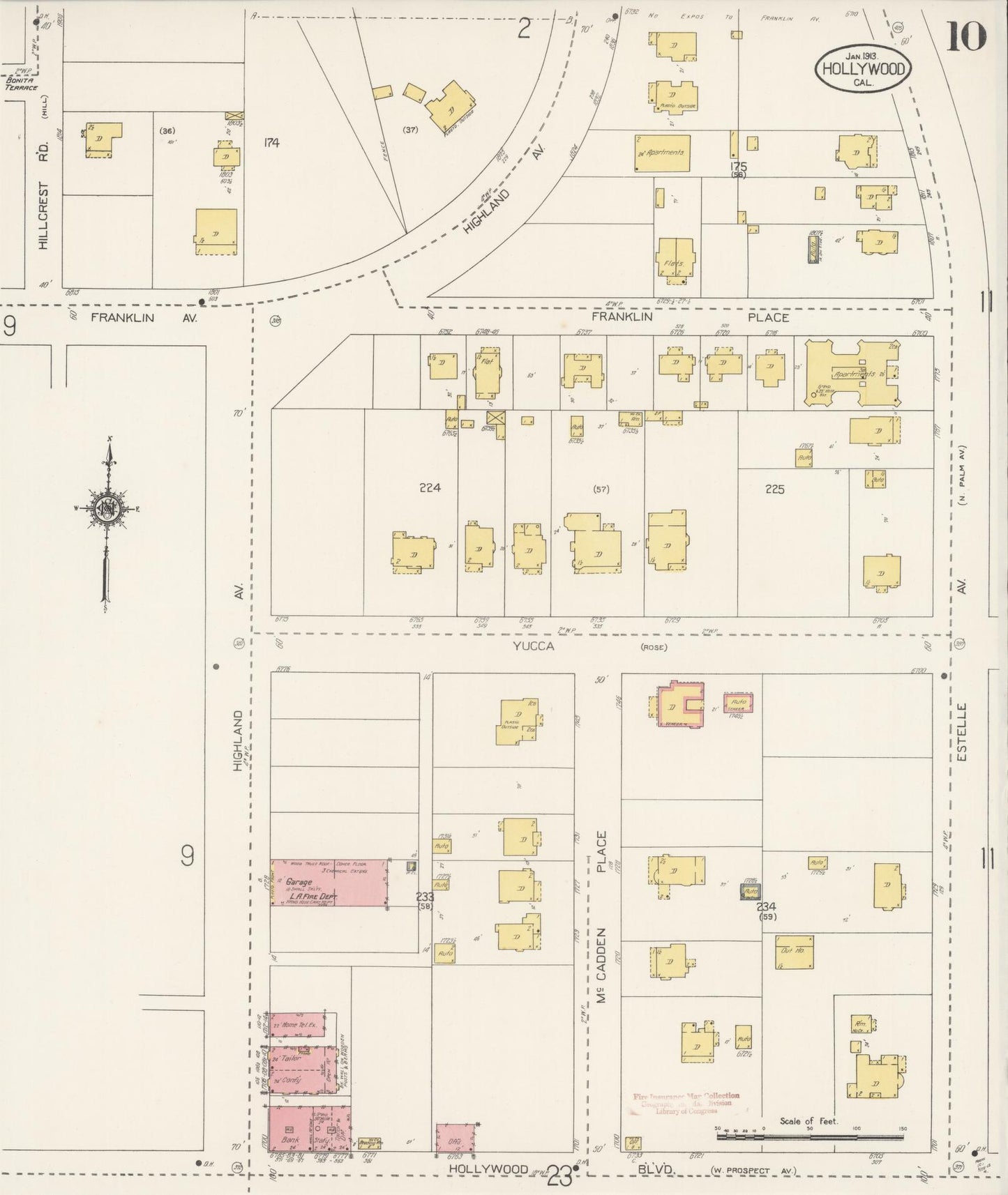 Sanborn Fire Insurance Map from Hollywood, Los Angeles County, California (1913), Sheet #0010 - Historic Sanborn Fire Insurance Map Print, vintage old map wall art, antique decor, genealogy gift, California California map