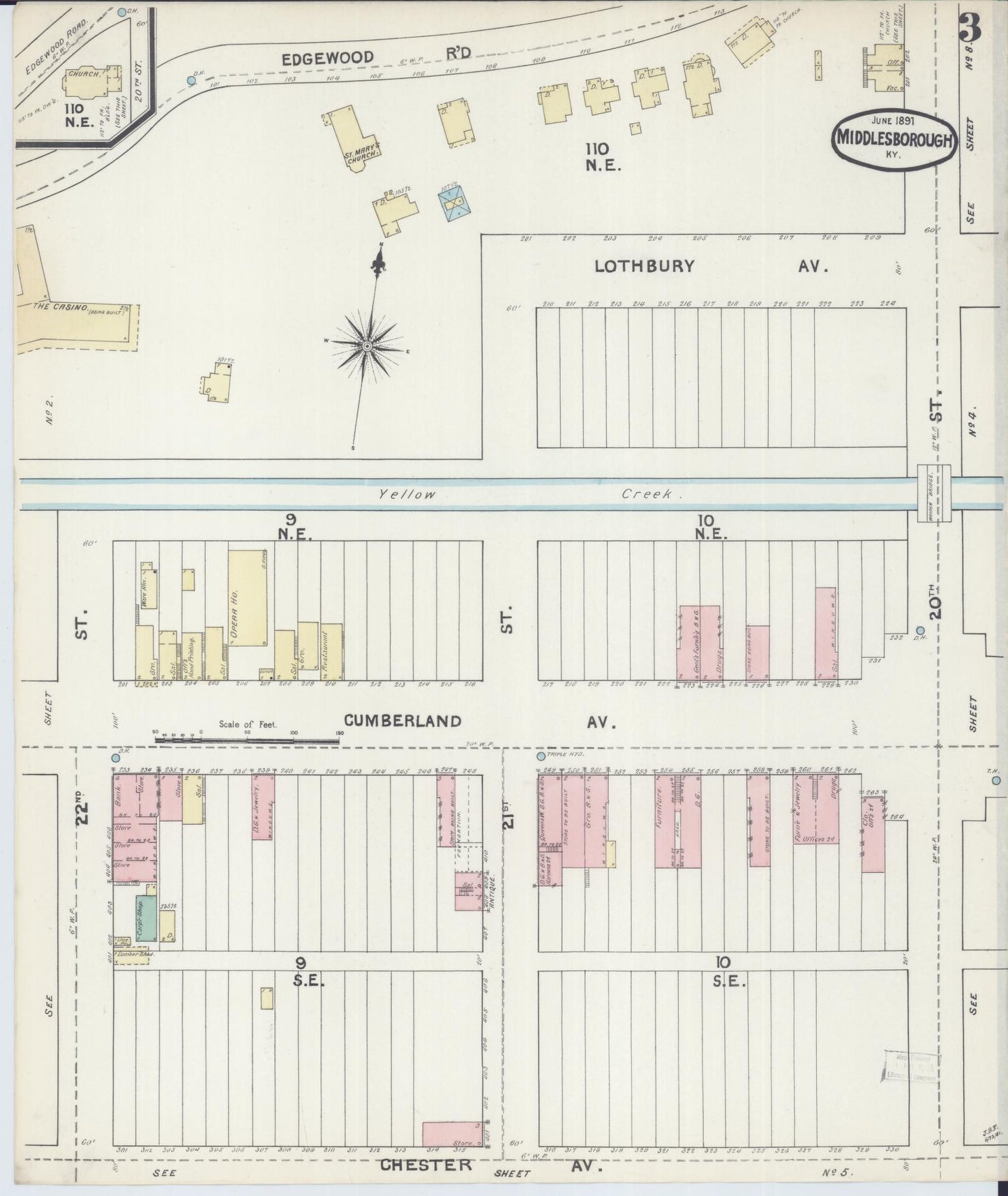 Sanborn Fire Insurance Map from Middlesboro, Bell County, Kentucky (1891), Sheet #0003 - Historic Sanborn Fire Insurance Map Print, vintage old map wall art, antique decor, genealogy gift, Kentucky Kentucky map