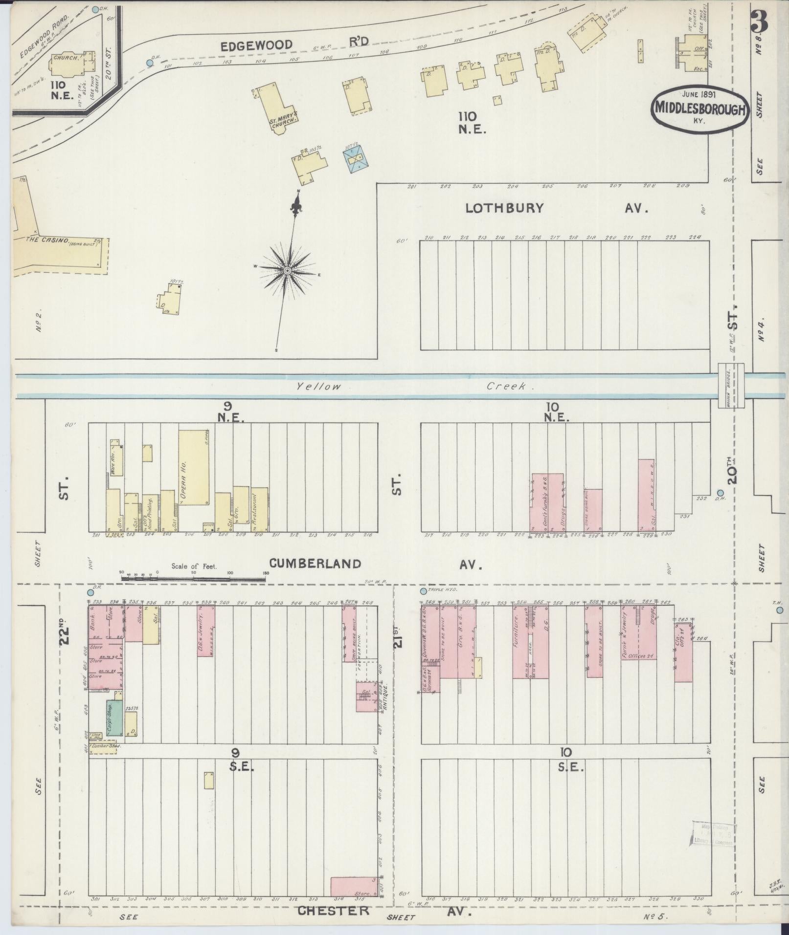 Sanborn Fire Insurance Map from Middlesboro, Bell County, Kentucky (1891), Sheet #0003 - Historic Sanborn Fire Insurance Map Print, vintage old map wall art, antique decor, genealogy gift, Kentucky Kentucky map