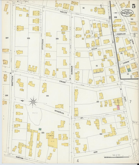 Sanborn Fire Insurance Map from Nashua, Hillsborough County, New Hampshire (1902), Sheet #0005 - Historic Sanborn Fire Insurance Map Print, vintage old map wall art, antique decor, genealogy gift, New Hampshire New Hampshire map
