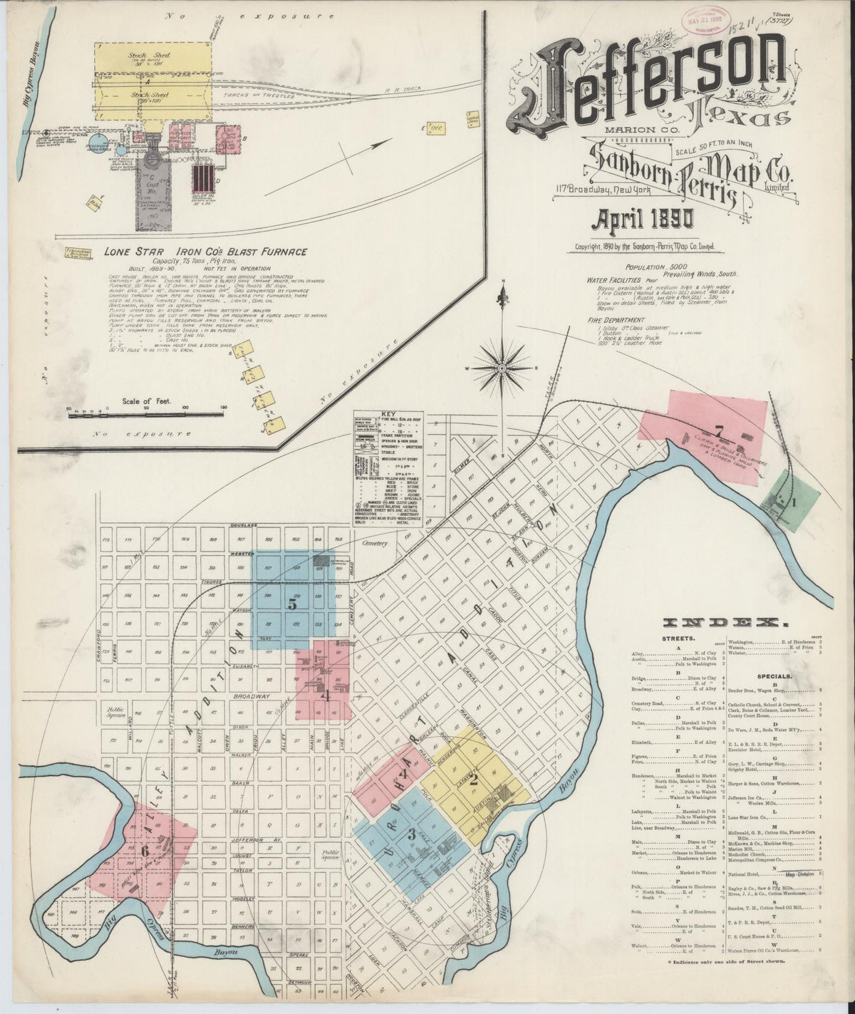 Sanborn Fire Insurance Map from Jefferson, Marion County, Texas (1890), Sheet #0001 - Complete Map Set gallery image, historic Sanborn map, vintage wall art, Texas Texas
