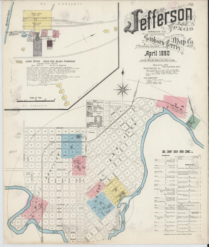 Sanborn Fire Insurance Map from Jefferson, Marion County, Texas (1890), Sheet #0001 - Complete Map Set gallery image, historic Sanborn map, vintage wall art, Texas Texas