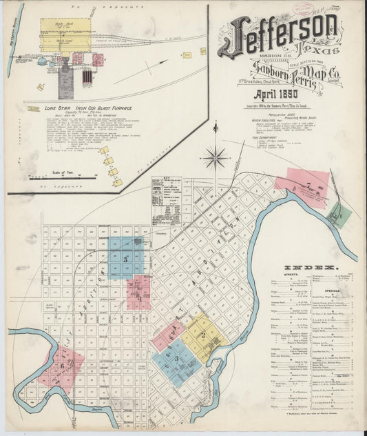 Sanborn Fire Insurance Map from Jefferson, Marion County, Texas (1890), Sheet #0001 - Complete Map Set gallery image, historic Sanborn map, vintage wall art, Texas Texas