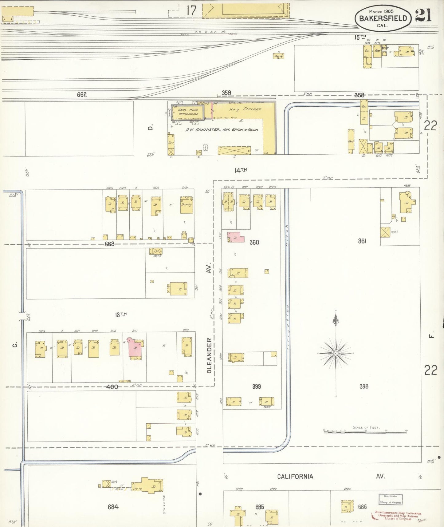 Sanborn Fire Insurance Map from Bakersfield, Kern County, California (1905), Sheet #0021 - Historic Sanborn Fire Insurance Map Print, vintage old map wall art, antique decor, genealogy gift, California California map