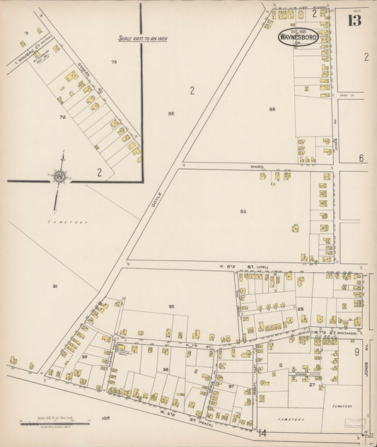 Sanborn Fire Insurance Map from Waynesboro, Burke County, Georgia (1921), Sheet #0013 - Historic Sanborn Fire Insurance Map Print, vintage old map wall art, antique decor, genealogy gift, Georgia Georgia map