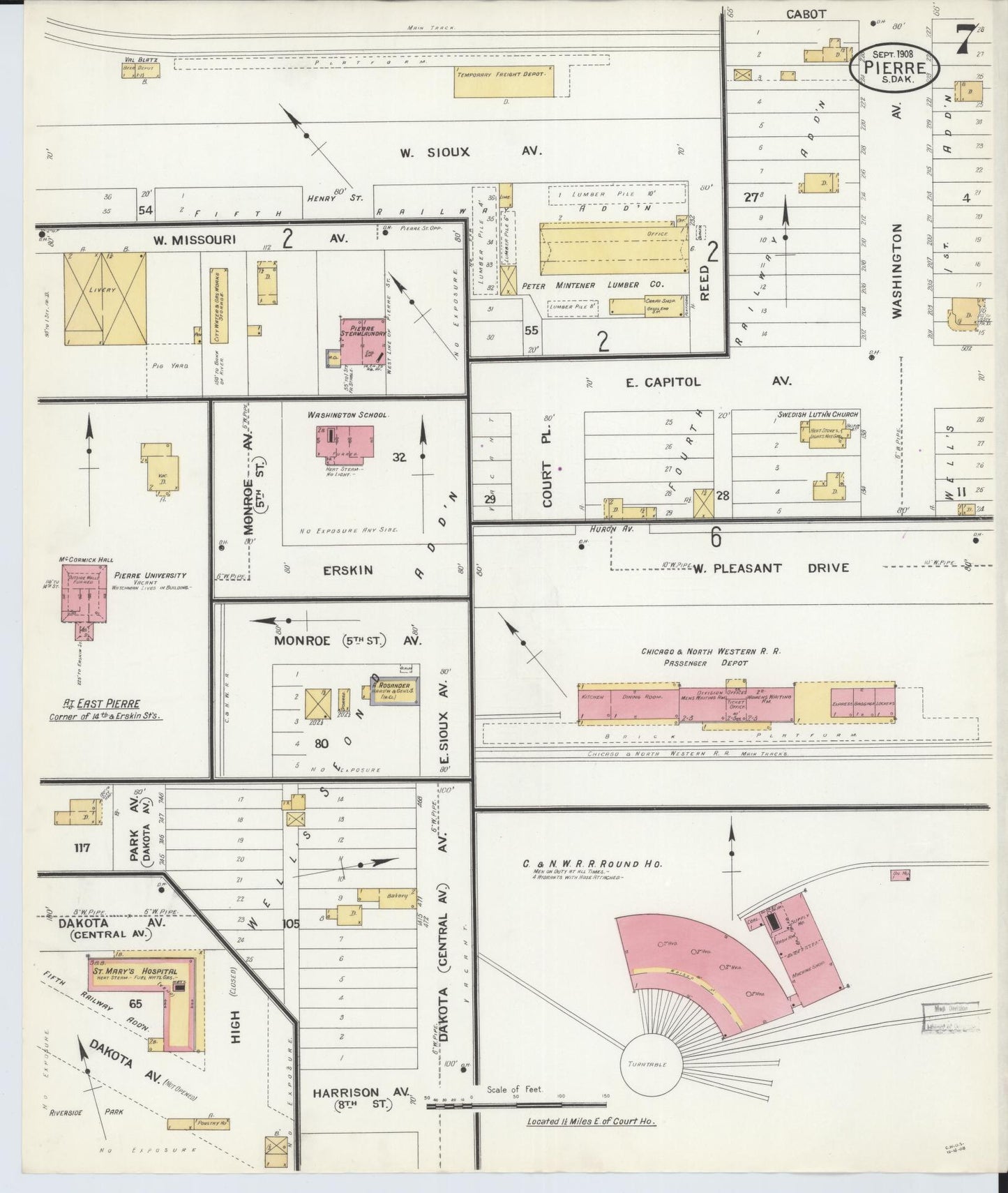 Sanborn Fire Insurance Map from Pierre, Hughes County, South Dakota (1908), Sheet #0007 - Historic Sanborn Fire Insurance Map Print, vintage old map wall art, antique decor, genealogy gift, South Dakota South Dakota map