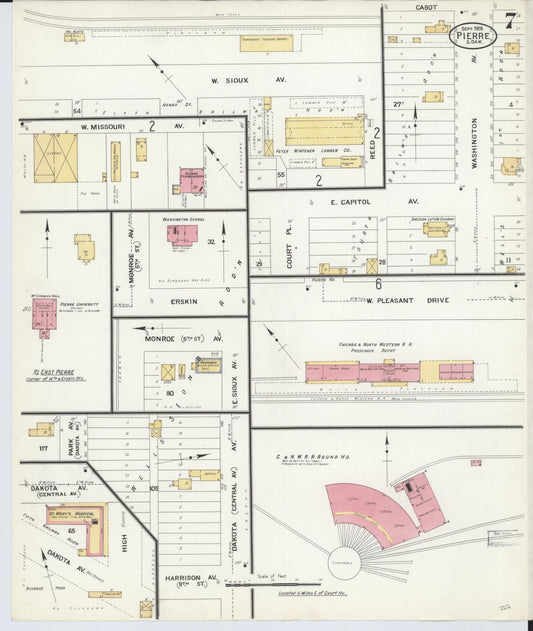 Sanborn Fire Insurance Map from Pierre, Hughes County, South Dakota (1908), Sheet #0007 - Historic Sanborn Fire Insurance Map Print, vintage old map wall art, antique decor, genealogy gift, South Dakota South Dakota map