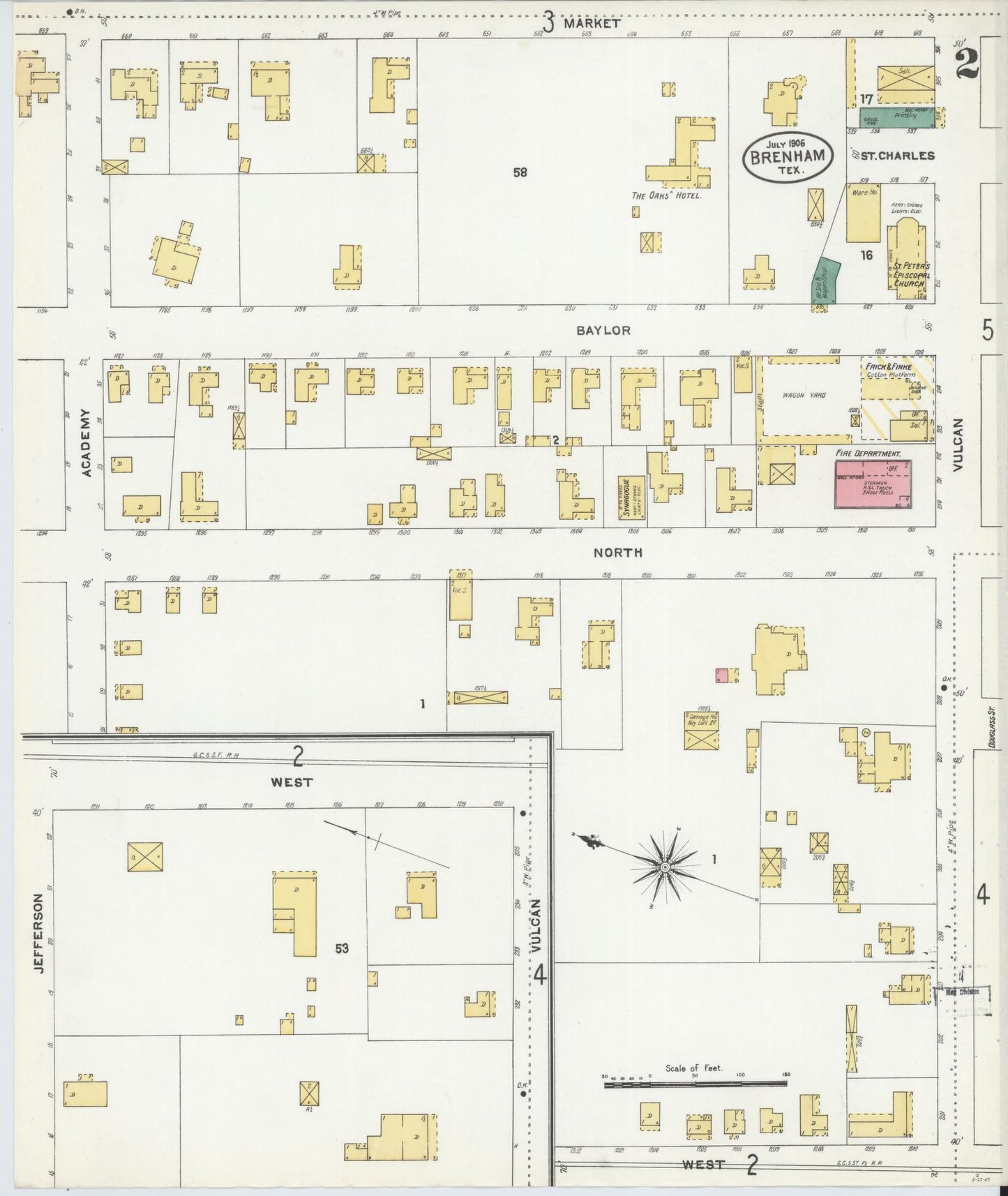Sanborn Fire Insurance Map from Brenham, Washington County, Texas (1906), Sheet #0002 - Historic Sanborn Fire Insurance Map Print, vintage old map wall art, antique decor, genealogy gift, Texas Texas map