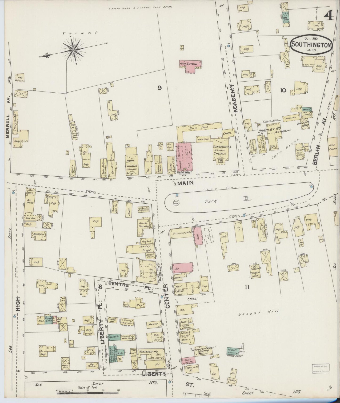 Sanborn Fire Insurance Map from Southington, Hartford County, Connecticut (1890), Sheet #0004 - Historic Sanborn Fire Insurance Map Print, vintage old map wall art, antique decor, genealogy gift, Connecticut Connecticut map