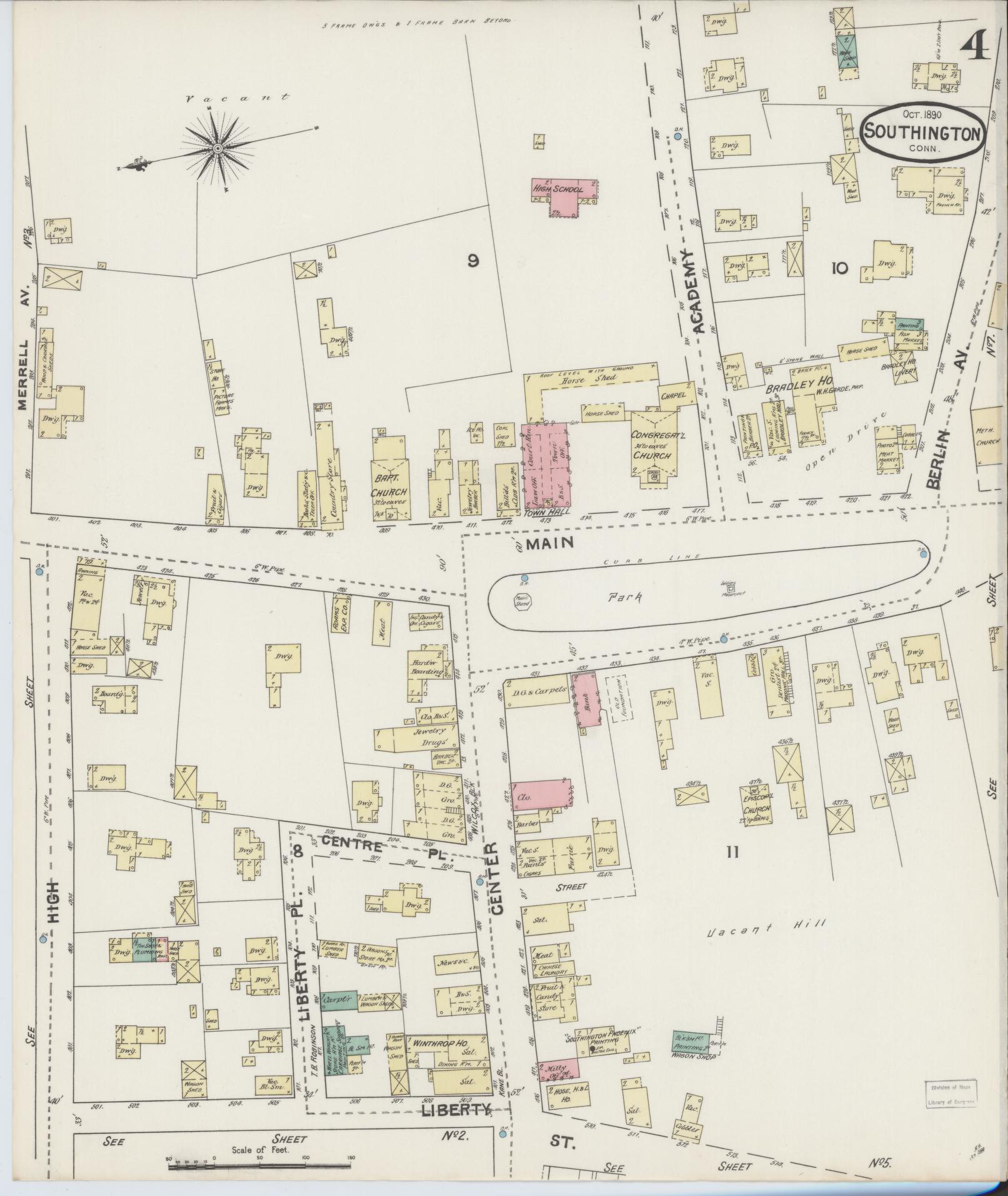 Sanborn Fire Insurance Map from Southington, Hartford County, Connecticut (1890), Sheet #0004 - Historic Sanborn Fire Insurance Map Print, vintage old map wall art, antique decor, genealogy gift, Connecticut Connecticut map