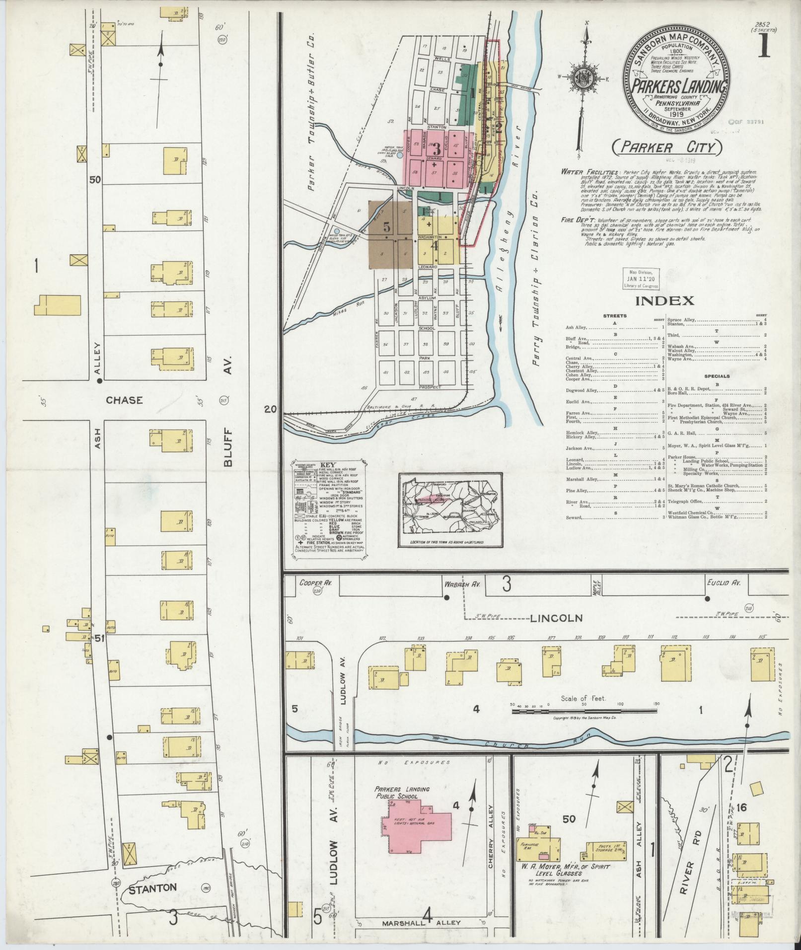 Sanborn Fire Insurance Map from Parkers Landing, Armstrong County, Pennsylvania (1919), Sheet #0001 - Complete Map Set gallery image, historic Sanborn map, vintage wall art, Pennsylvania Pennsylvania