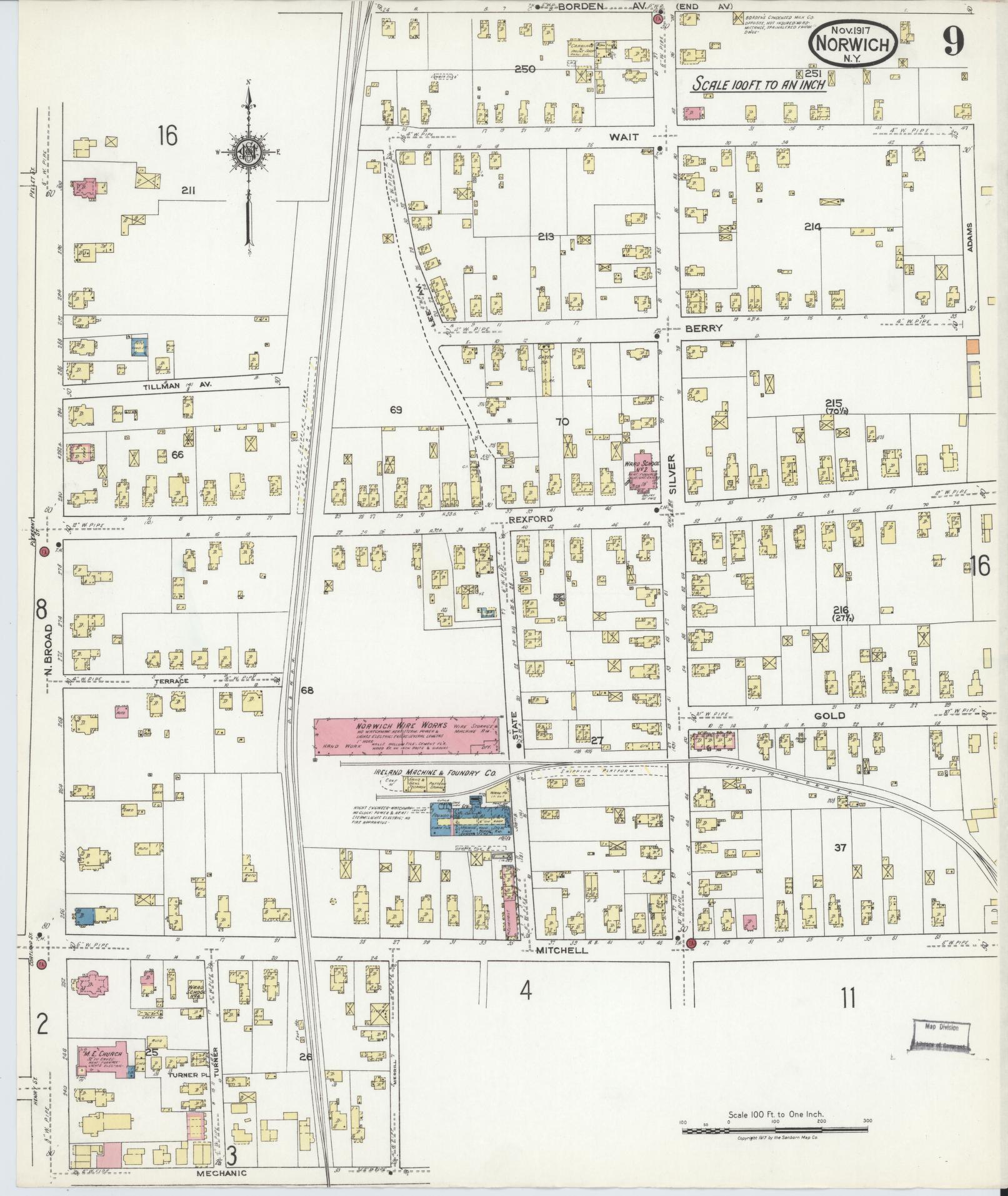 Sanborn Fire Insurance Map from Norwich, Chenango County, New York (1917), Sheet #0009 - Historic Sanborn Fire Insurance Map Print, vintage old map wall art, antique decor, genealogy gift, New York New York map
