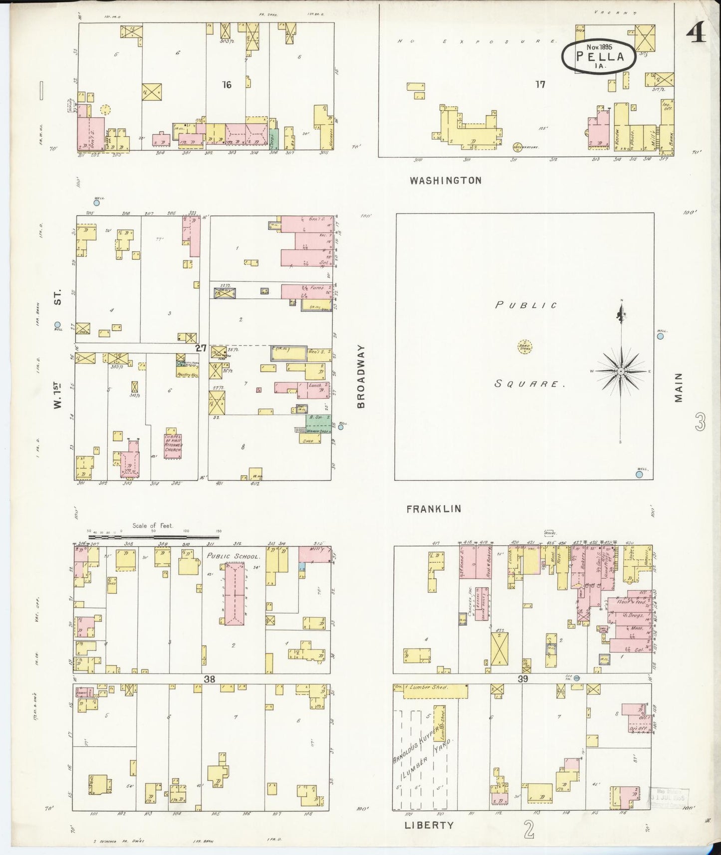 Sanborn Fire Insurance Map from Pella, Marion County, Iowa (1895), Sheet #0004 - Historic Sanborn Fire Insurance Map Print, vintage old map wall art