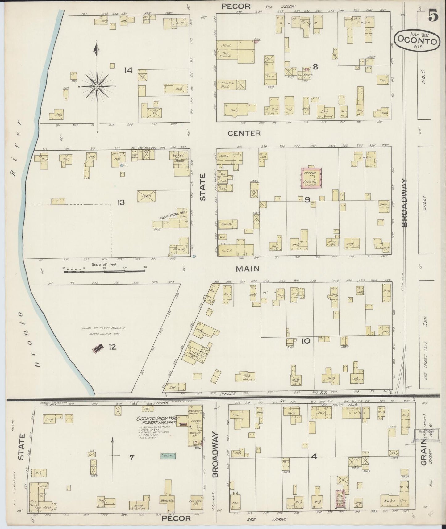 Sanborn Fire Insurance Map from Oconto, Oconto County, Wisconsin (1887), Sheet #0005 - Historic Sanborn Fire Insurance Map Print, vintage old map wall art, antique decor, genealogy gift, Wisconsin Wisconsin map