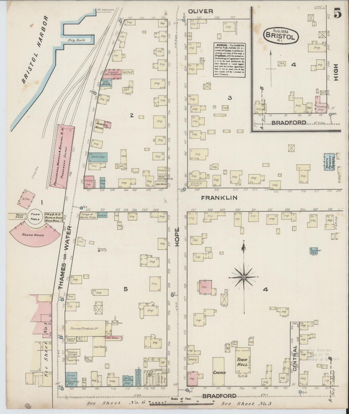 Sanborn Fire Insurance Map from Bristol, Bristol County, Rhode Island (1884), Sheet #0005 - Historic Sanborn Fire Insurance Map Print, vintage old map wall art, antique decor, genealogy gift, Rhode Island Rhode Island map