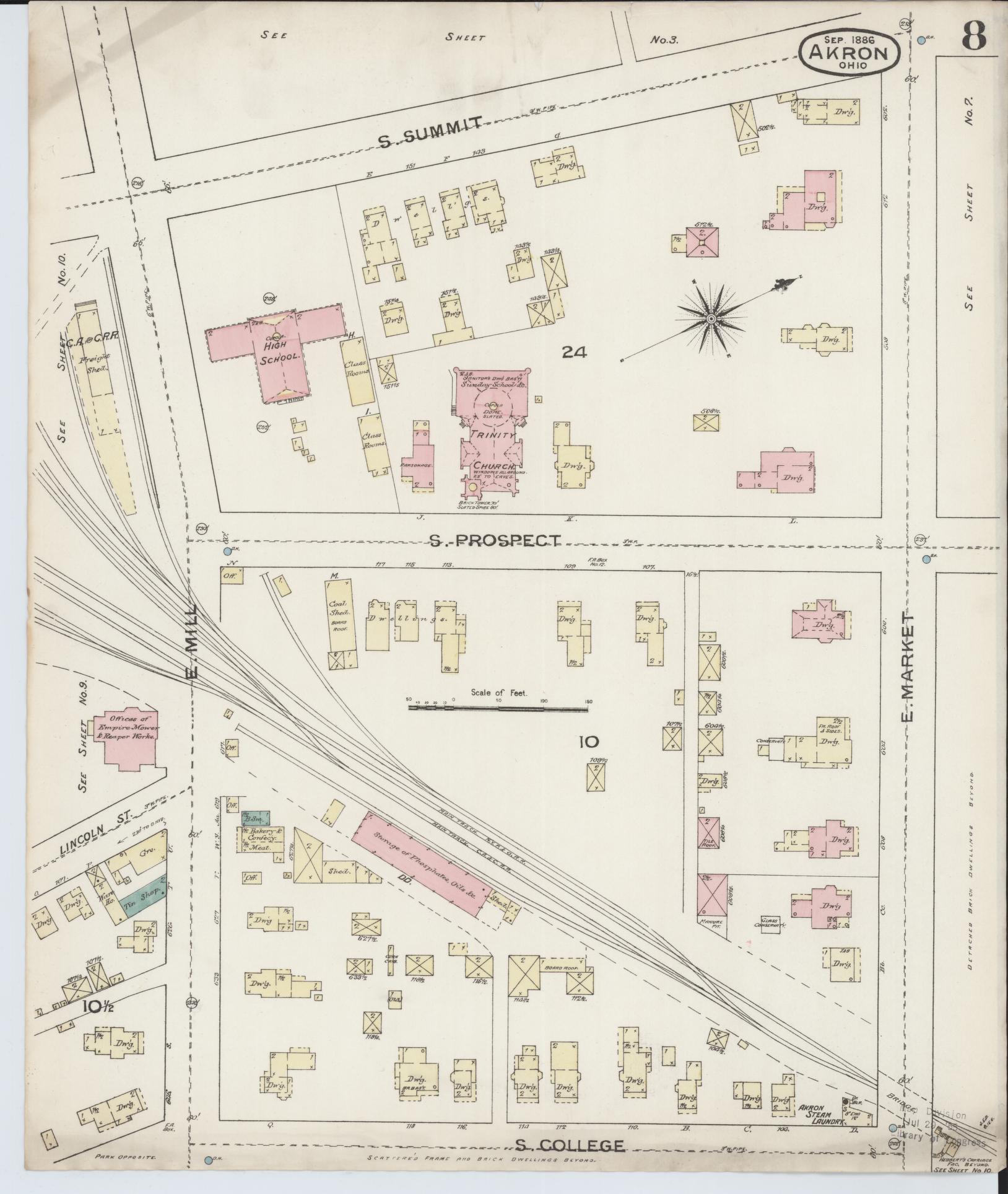 Sanborn Fire Insurance Map from Akron, Summit County, Ohio (1886), Sheet #0008 - Historic Sanborn Fire Insurance Map Print, vintage old map wall art, antique decor, genealogy gift, Ohio Ohio map