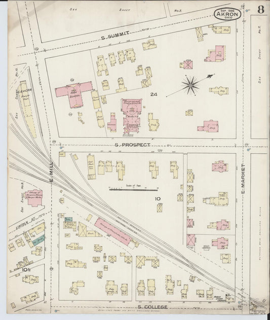 Sanborn Fire Insurance Map from Akron, Summit County, Ohio (1886), Sheet #0008 - Historic Sanborn Fire Insurance Map Print, vintage old map wall art, antique decor, genealogy gift, Ohio Ohio map