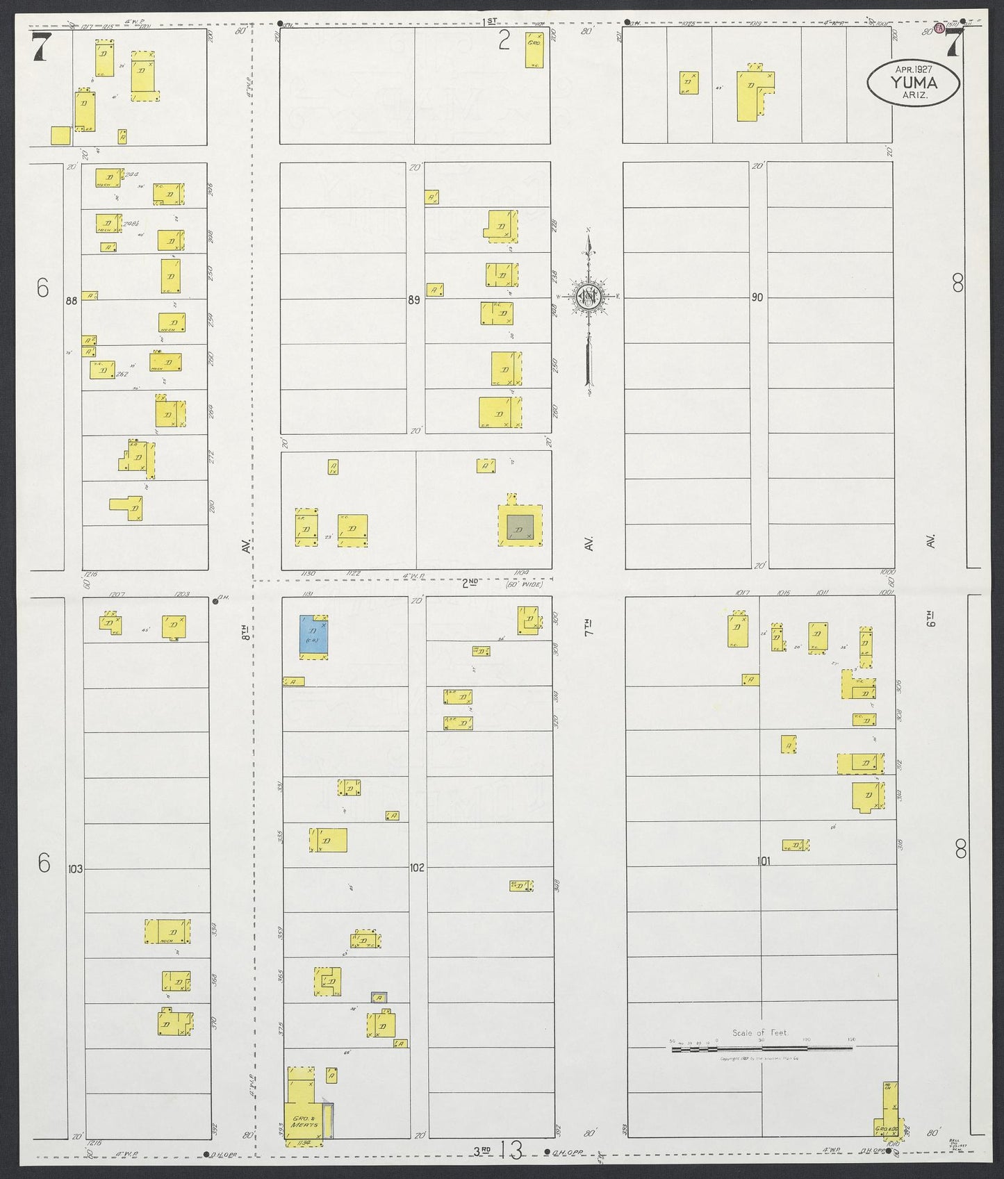 Sanborn Fire Insurance Map from Yuma, Yuma County, Arizona (1927), Sheet #0007 - Historic Sanborn Fire Insurance Map Print, vintage old map wall art, antique decor, genealogy gift, Arizona Arizona map