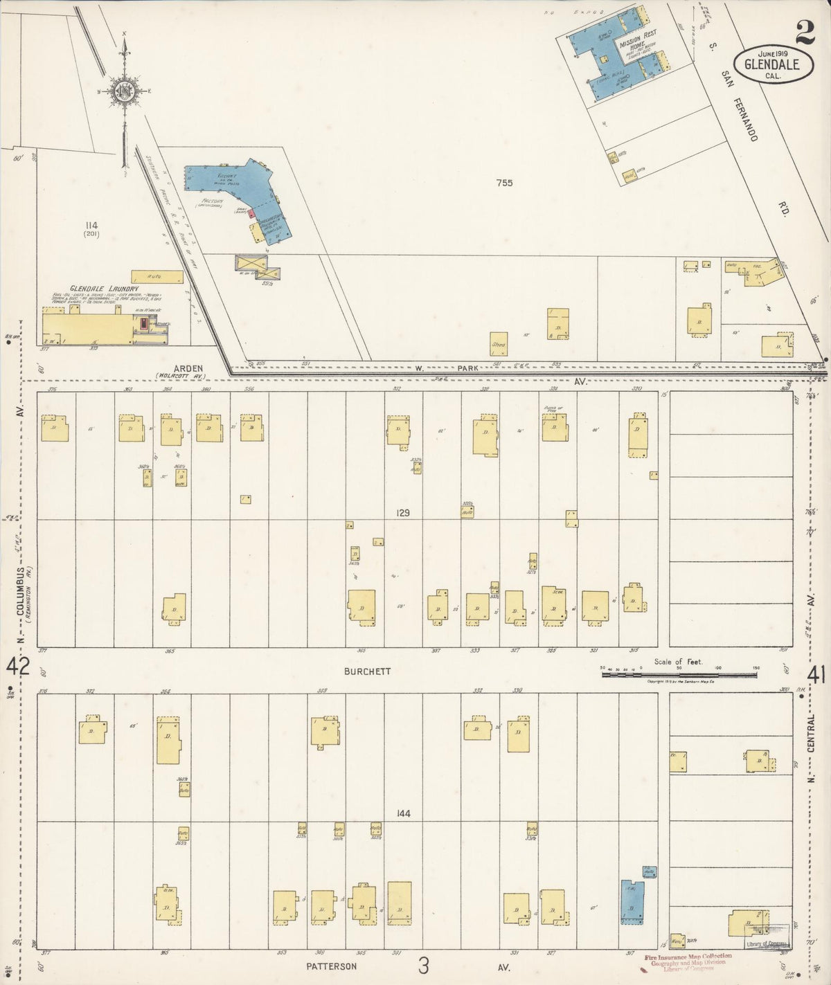 Sanborn Fire Insurance Map from Glendale, Los Angeles County, California (1919), Sheet #0002 - Complete Map Set gallery image, historic Sanborn map, vintage wall art, California California