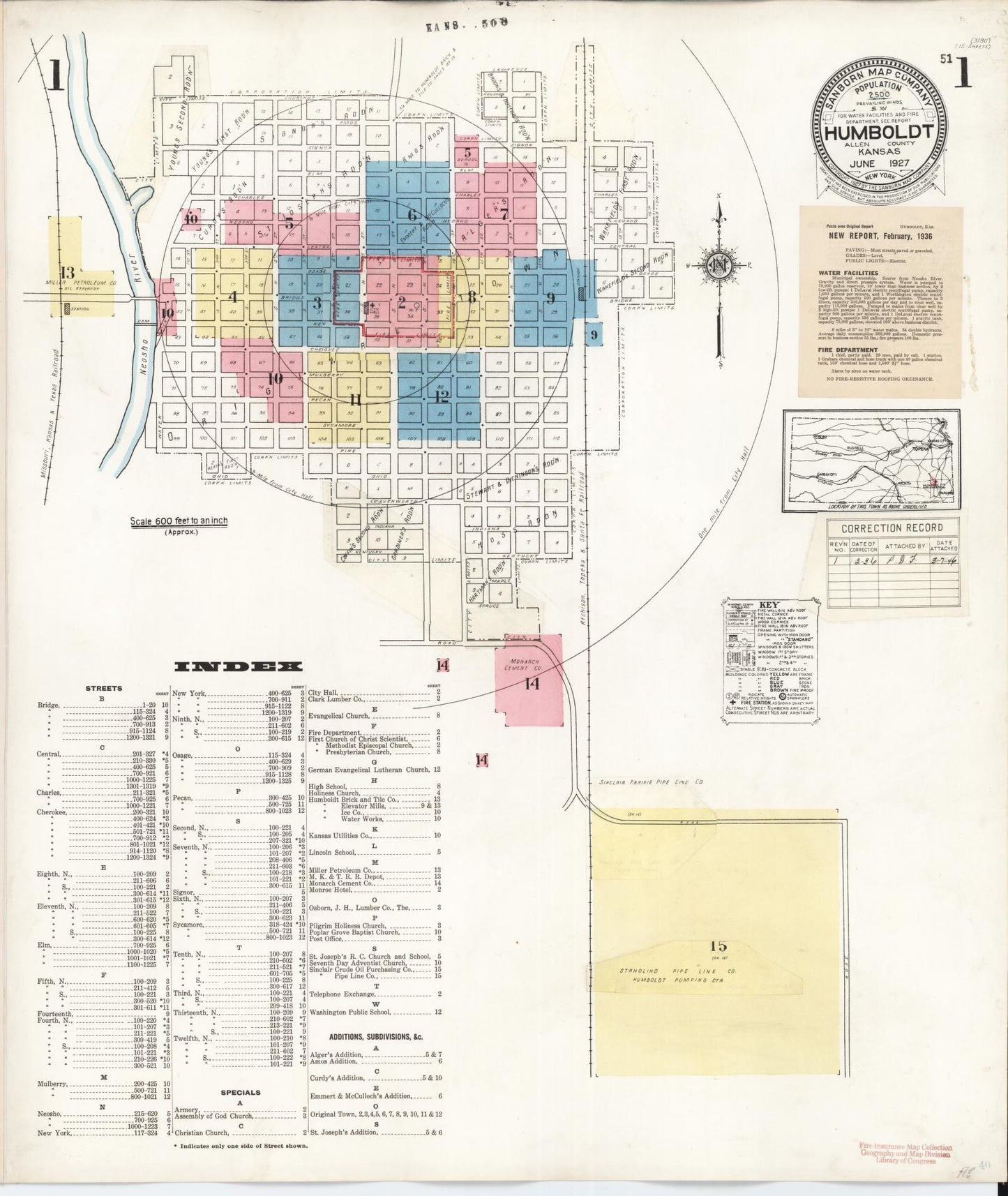 Sanborn Fire Insurance Map from Humboldt, Allen County, Kansas (1936), Sheet #0001 - Historic Sanborn Fire Insurance Map Print, vintage old map wall art, antique decor, genealogy gift, Kansas Kansas map