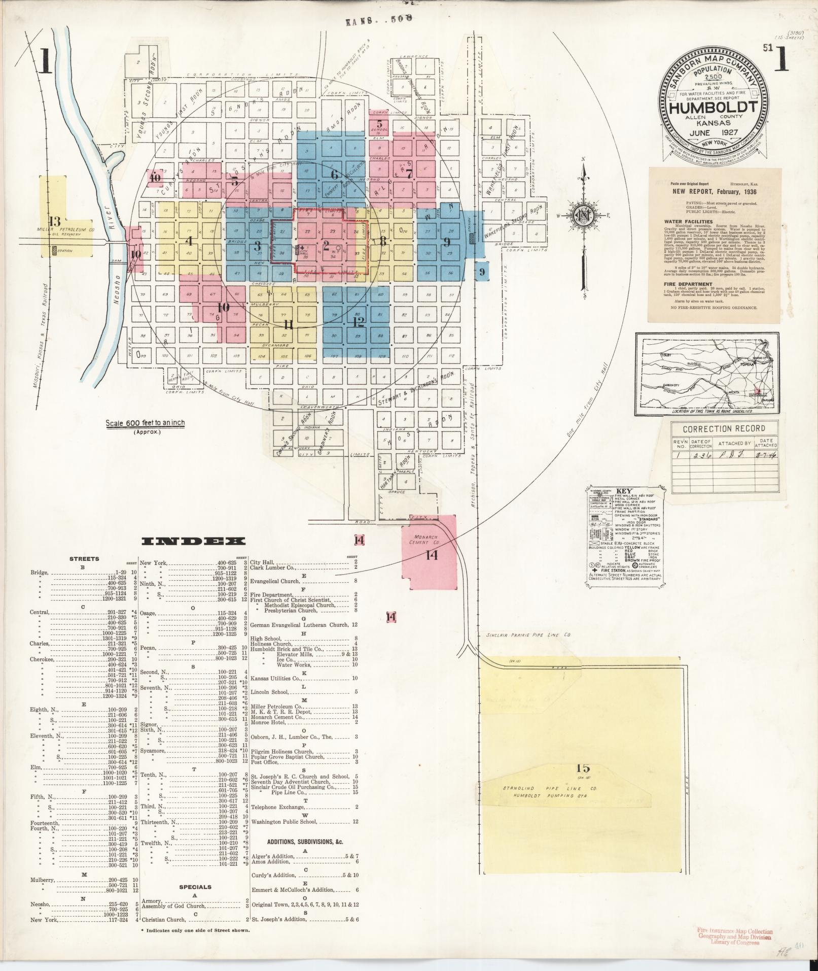 Sanborn Fire Insurance Map from Humboldt, Allen County, Kansas (1936), Sheet #0001 - Historic Sanborn Fire Insurance Map Print, vintage old map wall art, antique decor, genealogy gift, Kansas Kansas map