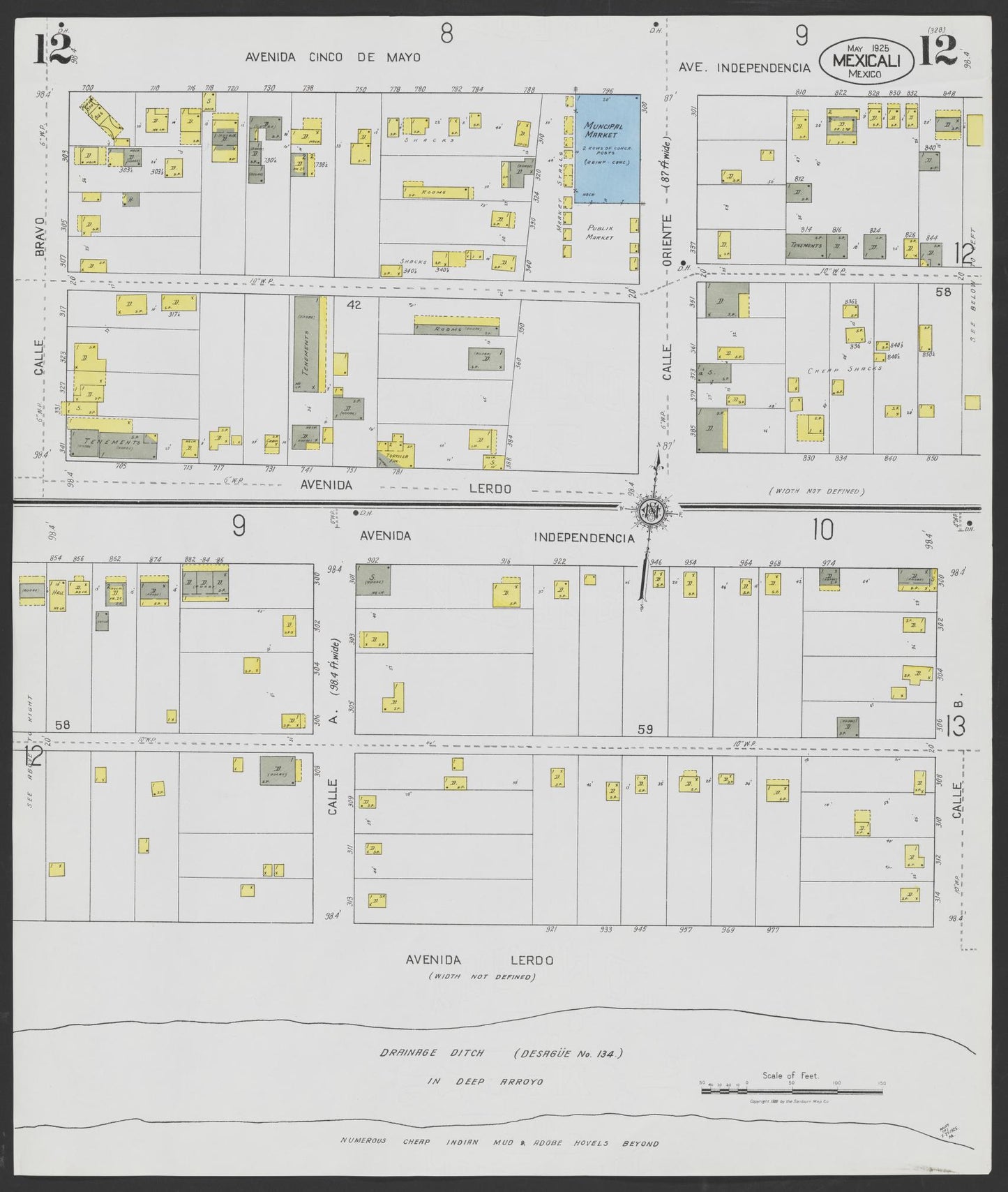 Sanborn Fire Insurance Map from Mexicali, Baja California (Mexico) (1925), Sheet #0012 - Complete Map Set gallery image, historic Sanborn map, vintage wall art, California California