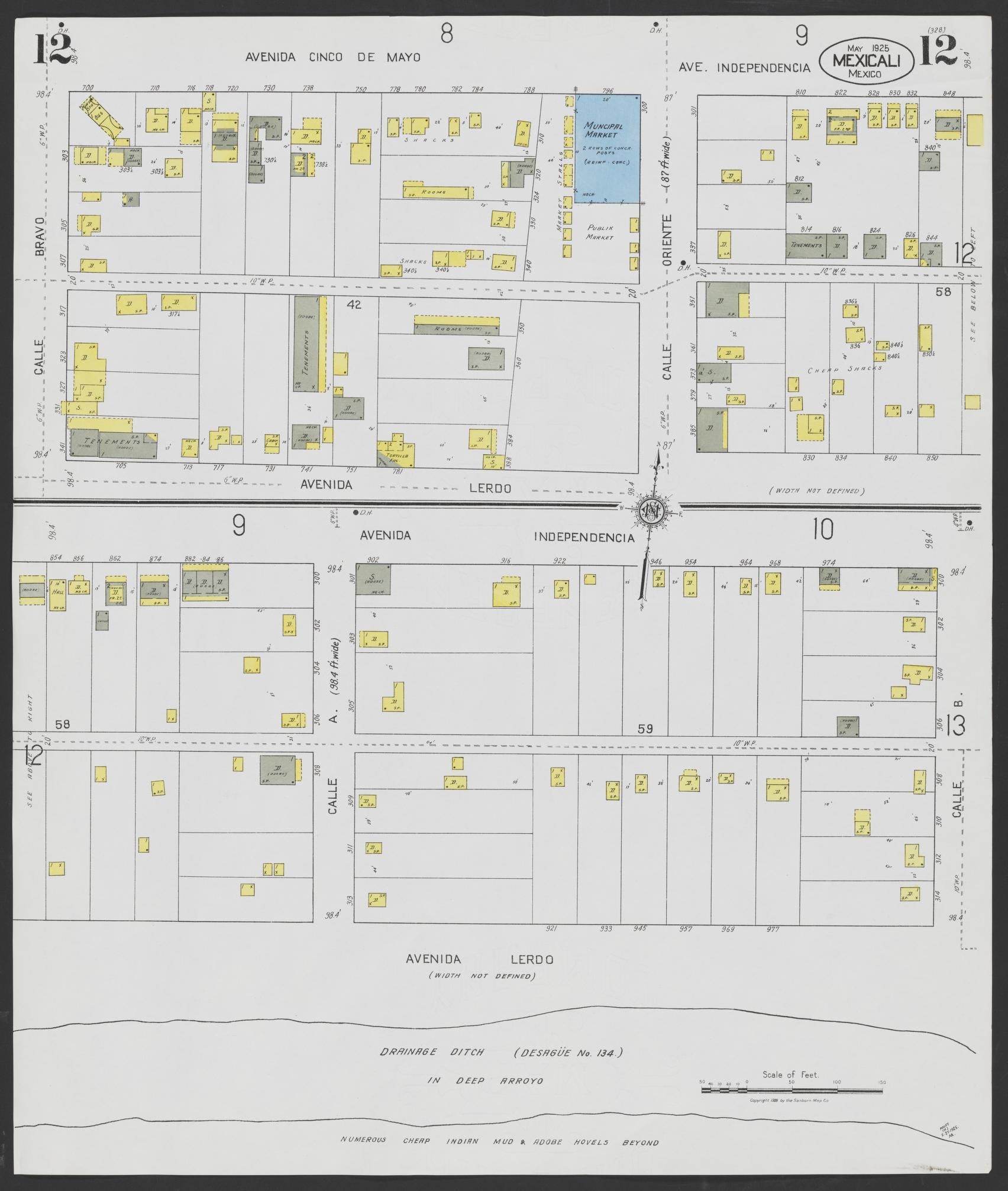 Sanborn Fire Insurance Map from Mexicali, Baja California (Mexico) (1925), Sheet #0012 - Complete Map Set gallery image, historic Sanborn map, vintage wall art, California California