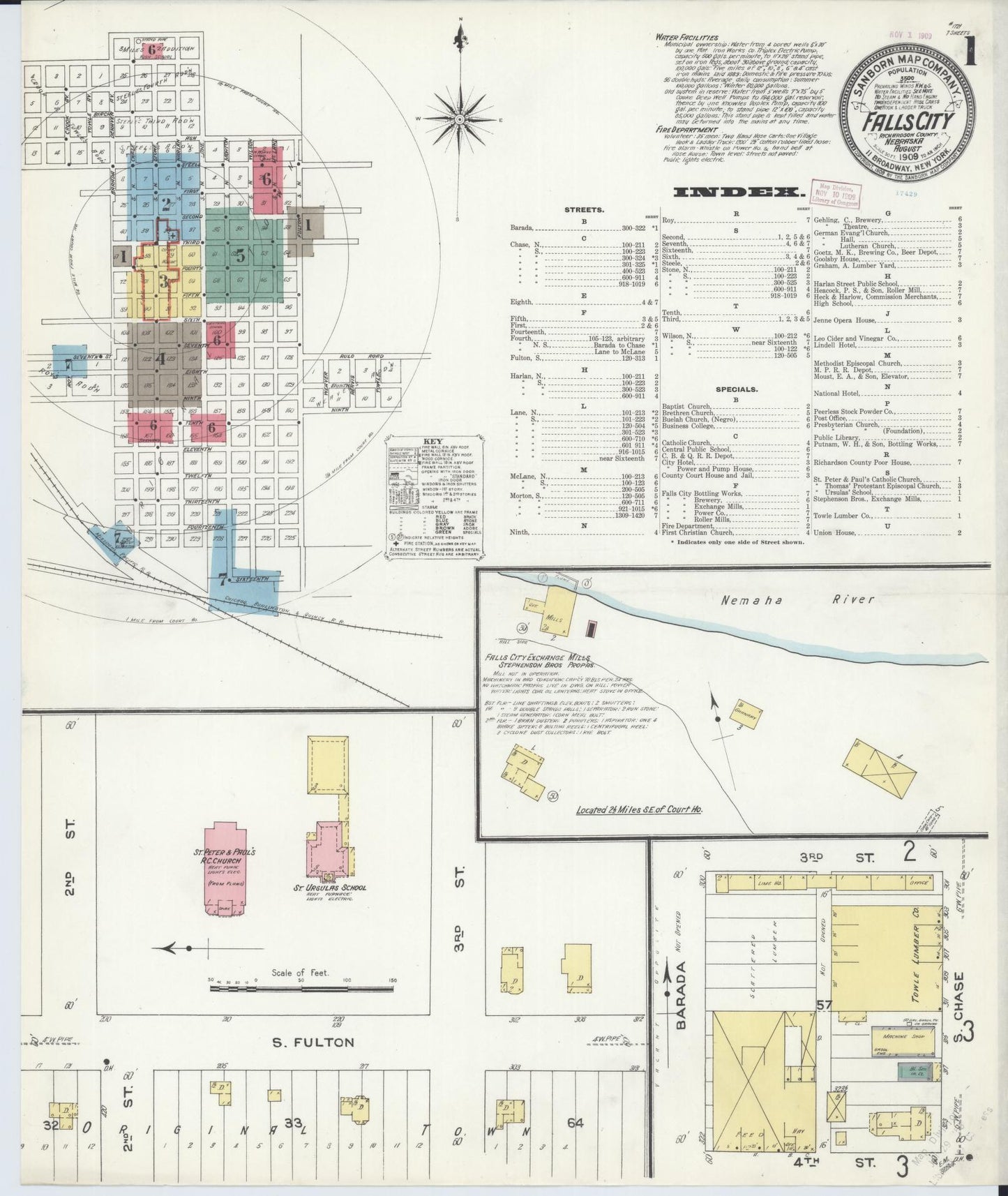 Sanborn Fire Insurance Map from Falls City, Richardson County, Nebraska (1909), Sheet #0001 - Historic Sanborn Fire Insurance Map Print, vintage old map wall art, antique decor, genealogy gift, Nebraska Nebraska map