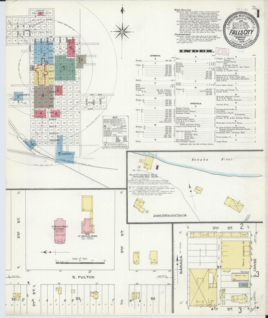 Sanborn Fire Insurance Map from Falls City, Richardson County, Nebraska (1909), Sheet #0001 - Historic Sanborn Fire Insurance Map Print, vintage old map wall art, antique decor, genealogy gift, Nebraska Nebraska map