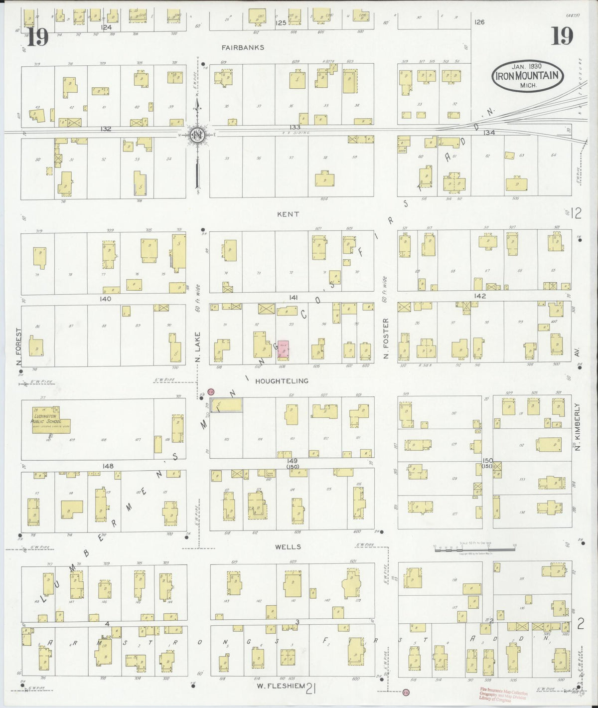Sanborn Fire Insurance Map from Iron Mountain, Dickinson County, Michigan (1930), Sheet #0019 - Historic Sanborn Fire Insurance Map Print, vintage old map wall art, antique decor, genealogy gift, Michigan Michigan map