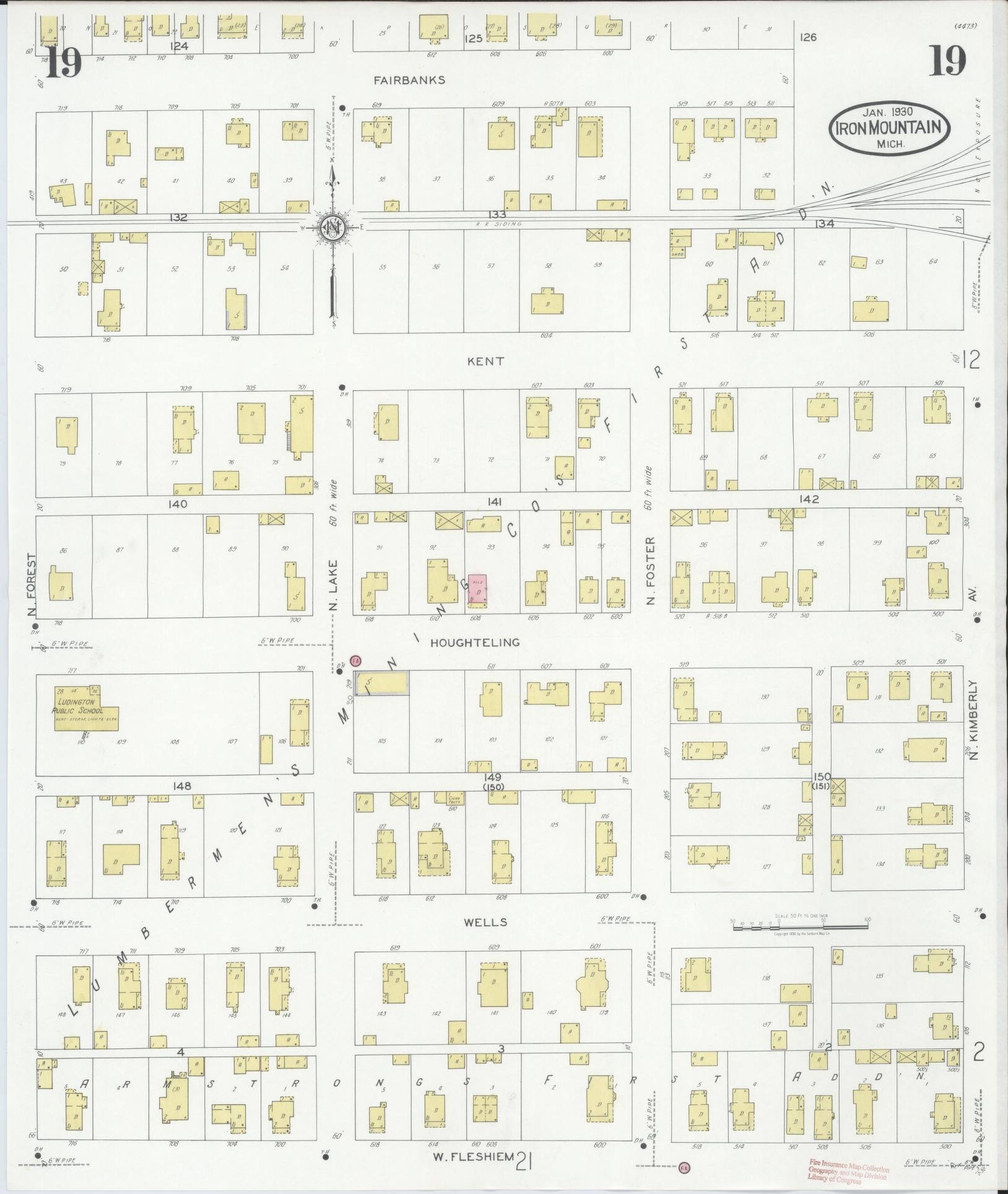 Sanborn Fire Insurance Map from Iron Mountain, Dickinson County, Michigan (1930), Sheet #0019 - Historic Sanborn Fire Insurance Map Print, vintage old map wall art, antique decor, genealogy gift, Michigan Michigan map