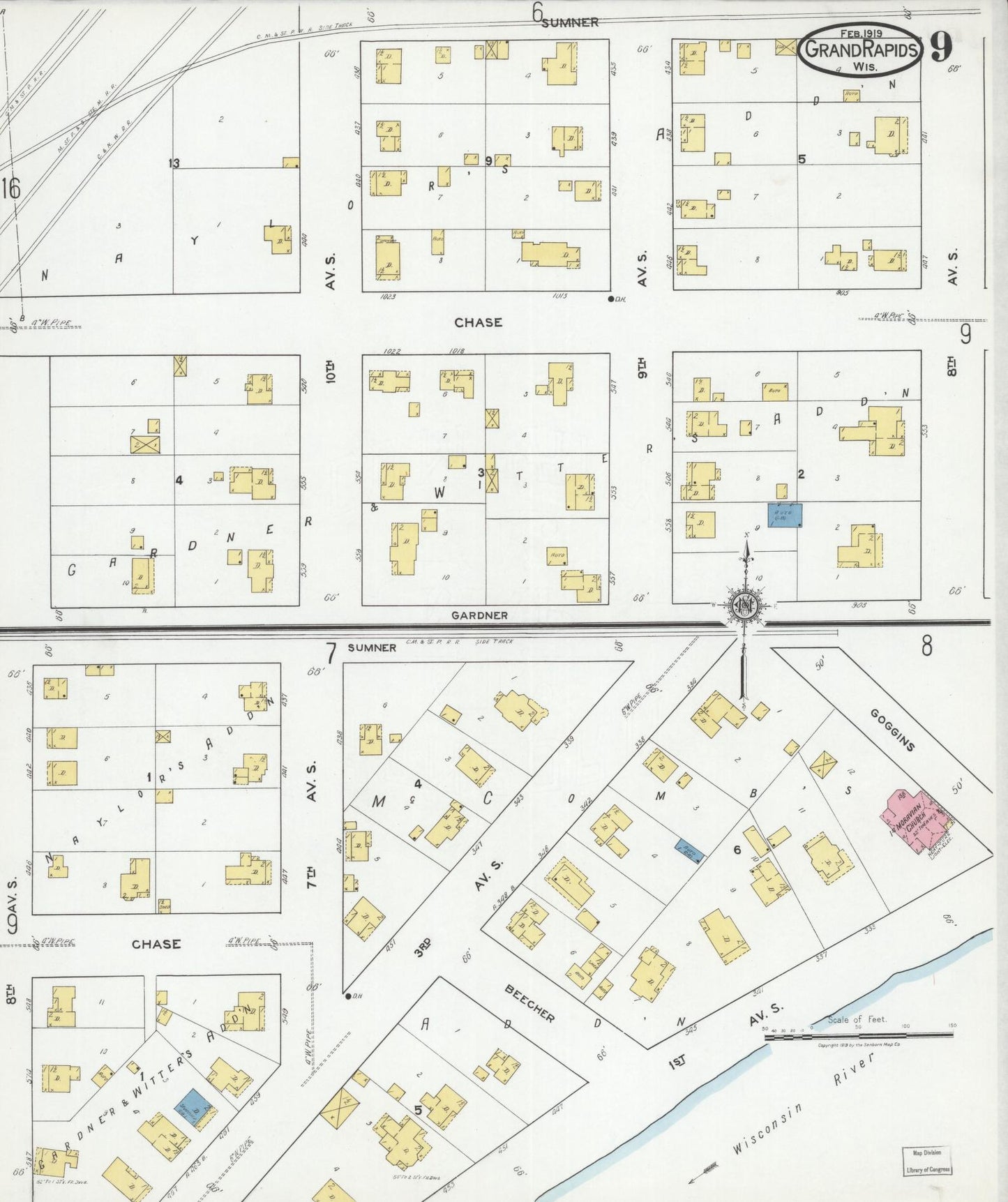 Sanborn Fire Insurance Map from Grand Rapids, Wood County, Wisconsin (1919), Sheet #0009 - Historic Sanborn Fire Insurance Map Print, vintage old map wall art, antique decor, genealogy gift, Wisconsin Wisconsin map