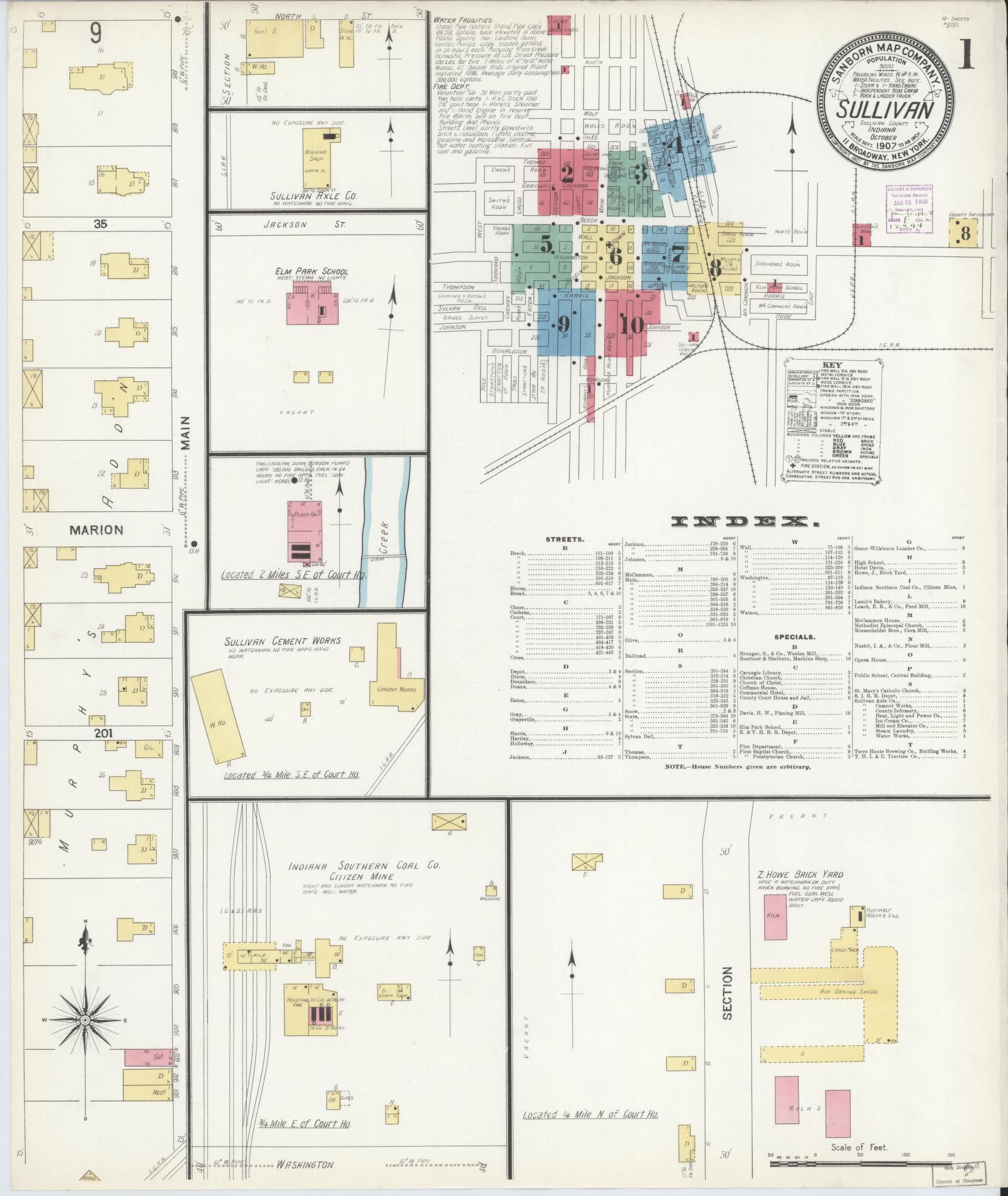 Sanborn Fire Insurance Map from Sullivan, Sullivan County, Indiana (1907), Sheet #0001 - Complete Map Set gallery image, historic Sanborn map, vintage wall art, Indiana Indiana