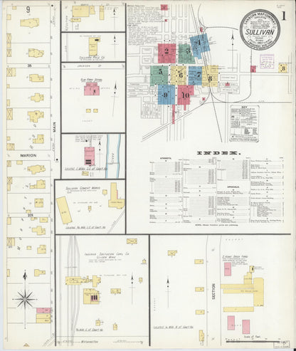 Sanborn Fire Insurance Map from Sullivan, Sullivan County, Indiana (1907), Sheet #0001 - Complete Map Set gallery image, historic Sanborn map, vintage wall art, Indiana Indiana